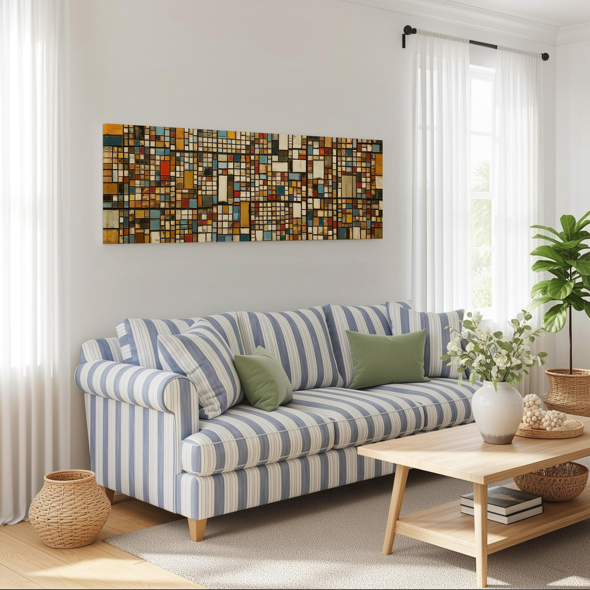 Ochre and blue mosaic tiles with red accents long horizontal canvas print above a striped sofa in a coastal living room
