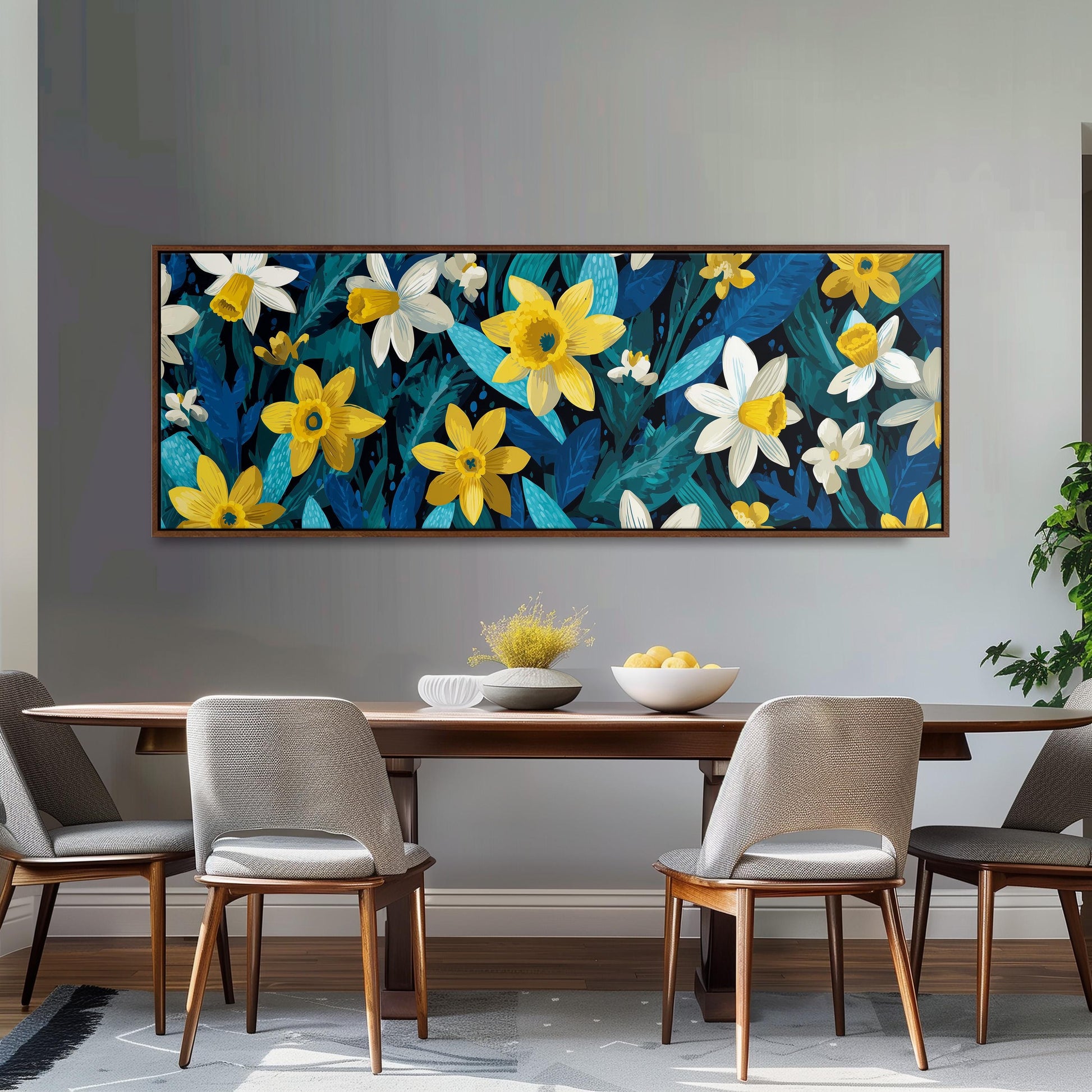 a dining room with a large, colorful painting of yellow and white flowers hanging on the wall above a wooden dining table with four chairs.