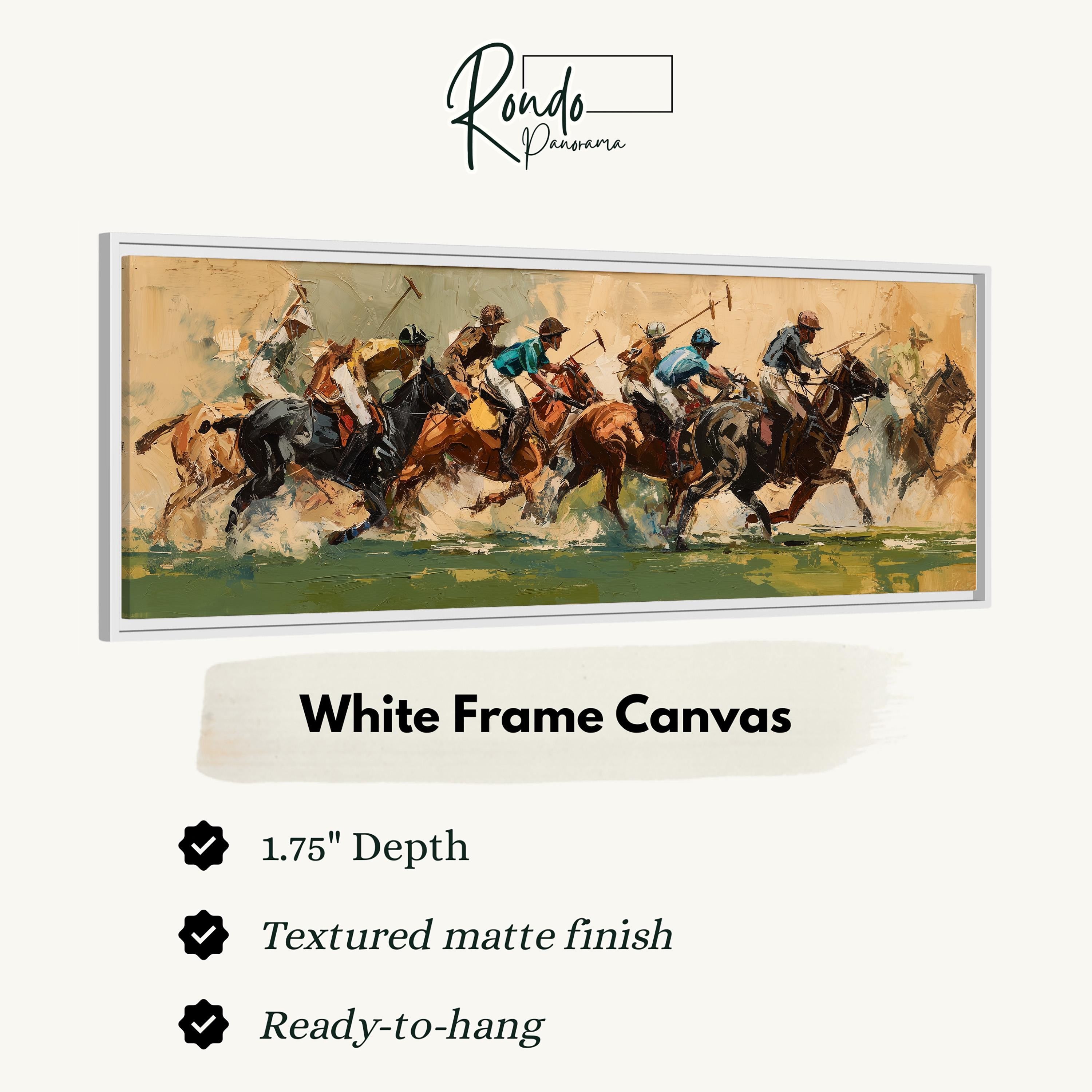 The image is a framed painting depicting a group of people riding horses, with a focus on the action and movement of the horses and riders.