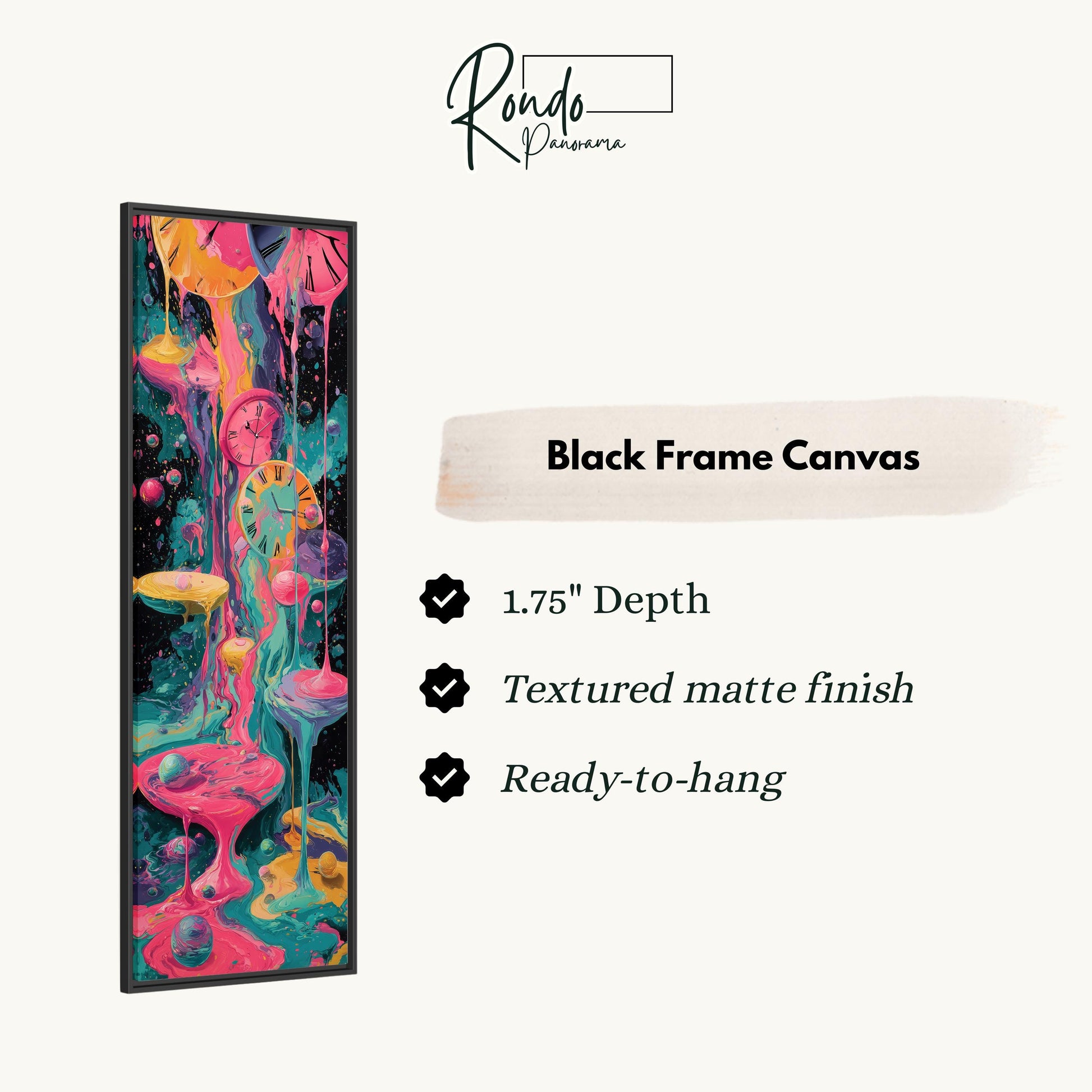 The image is a black frame canvas with a vibrant abstract painting of colorful shapes and patterns.