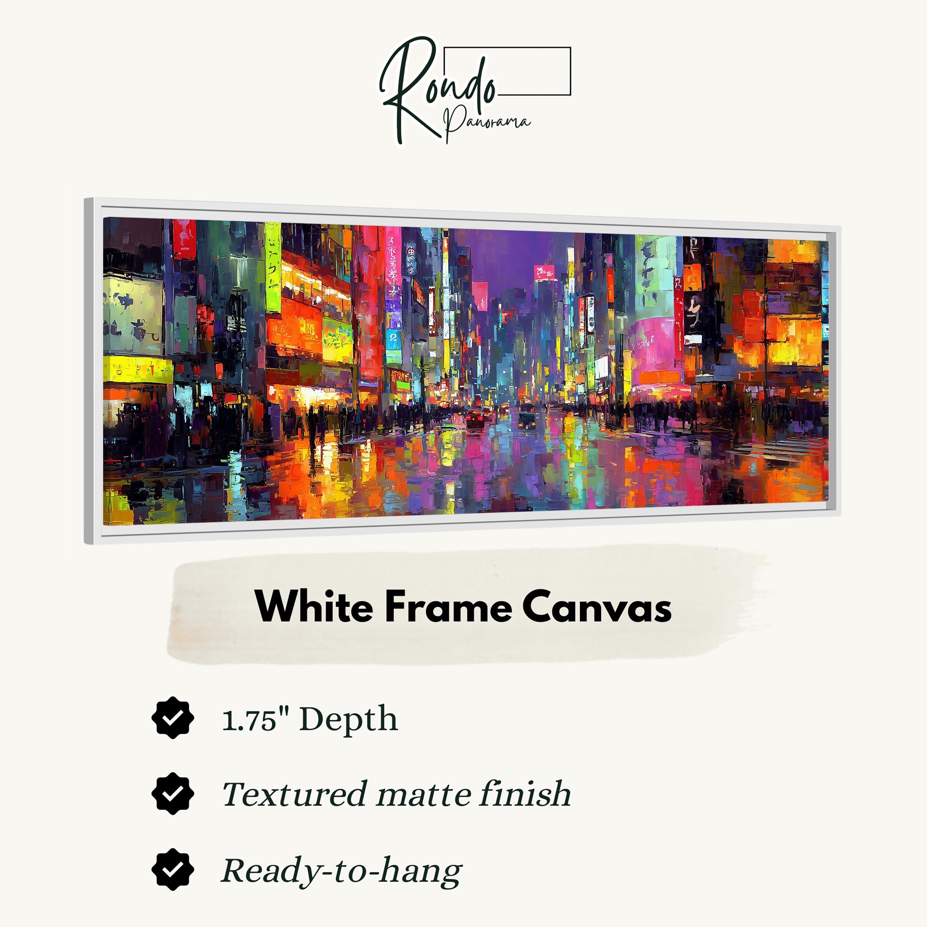 The image is a white frame canvas depicting a vibrant cityscape with colorful buildings and lights.