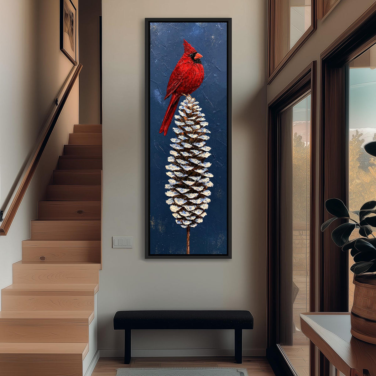 Red cardinal perched on a snowy pinecone tall narrow canvas print beside a staircase in an entryway
