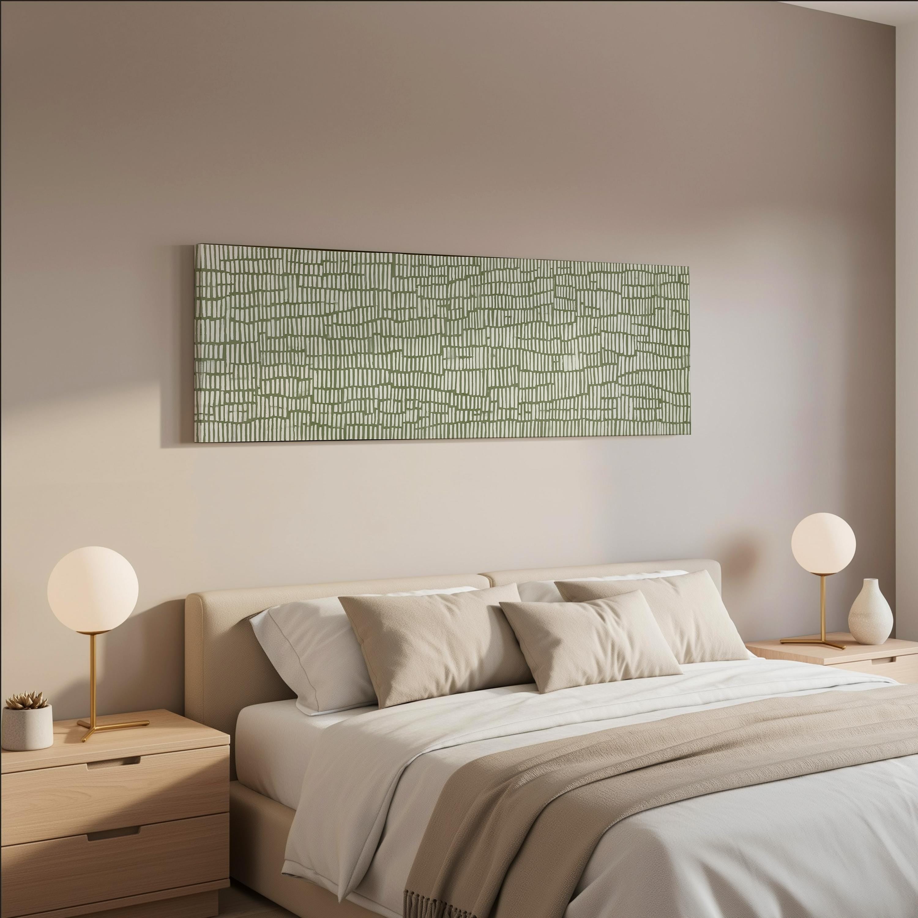 a modern bedroom with a large bed, two nightstands with lamps, and a large abstract painting on the wall above the bed.