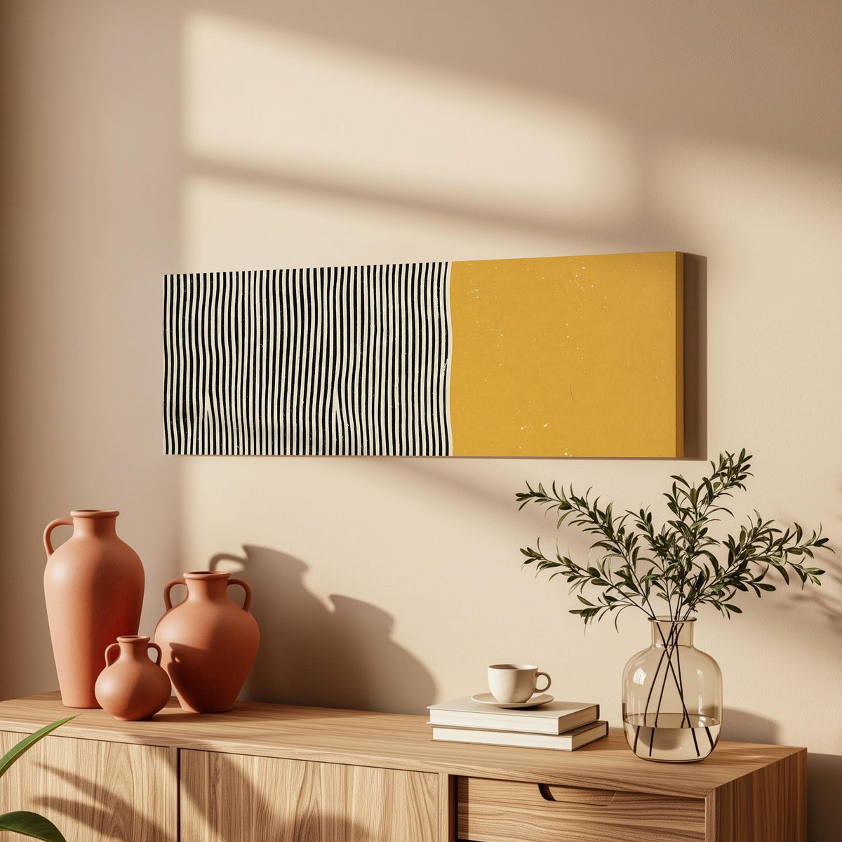 Black wavy stripes beside a mustard block long horizontal canvas print above a wooden sideboard