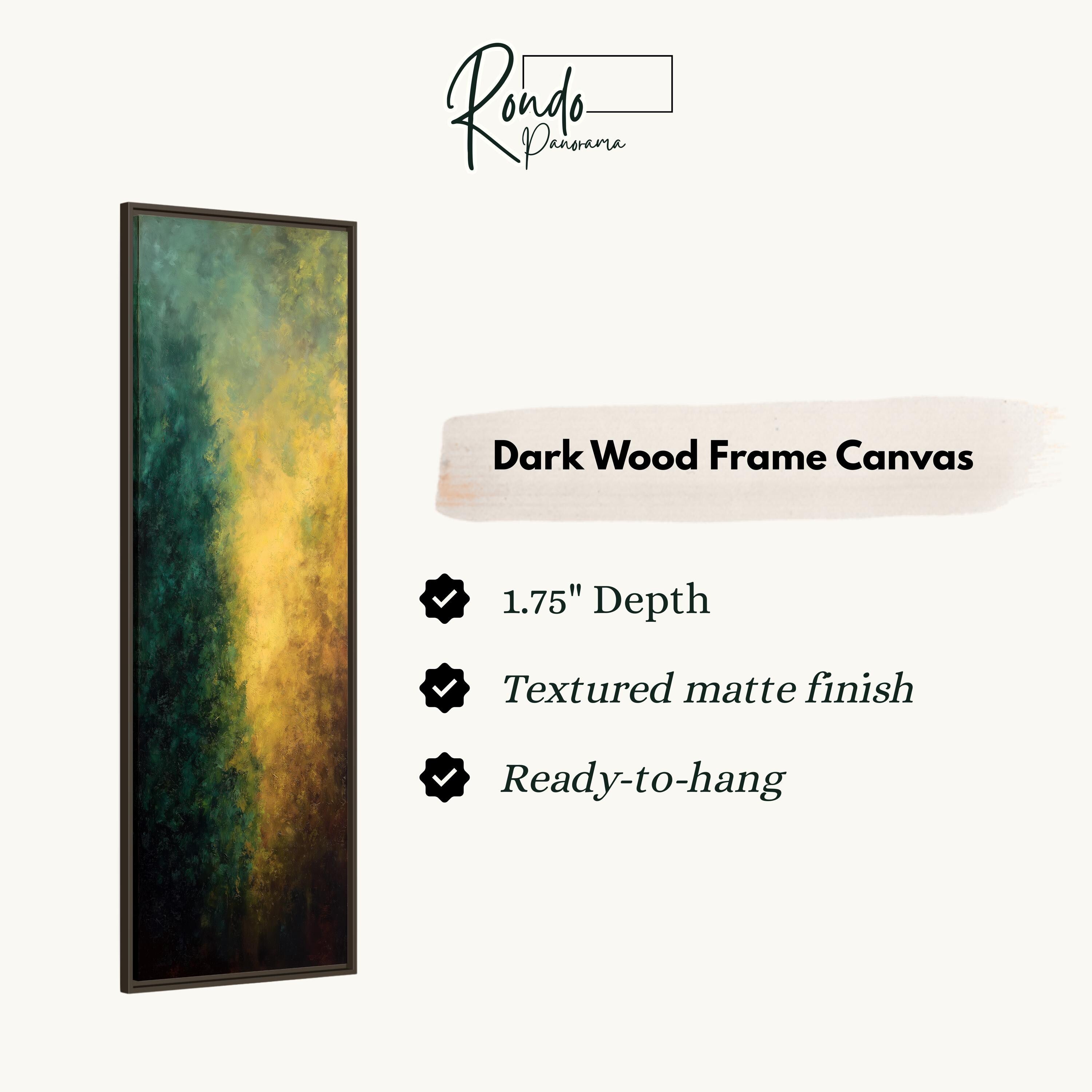 The image is a product description for a dark wood frame canvas. It features a painting with a gradient of green and yellow colors, and provides details about the canvas, such as its 1.75" depth, textured matte finish, and ready-to-hang feature.