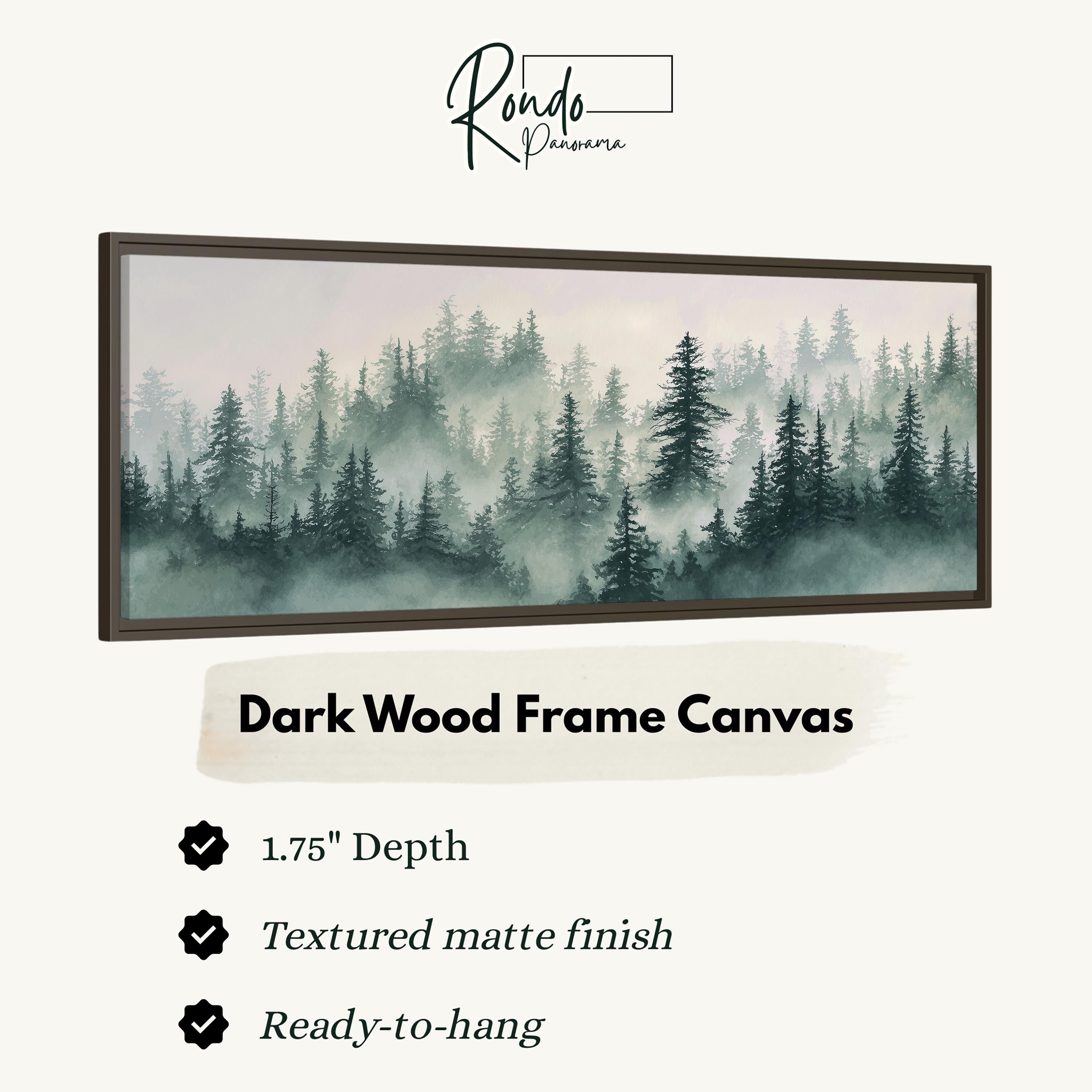 a dark wood frame canvas depicting a forest scene with misty trees.