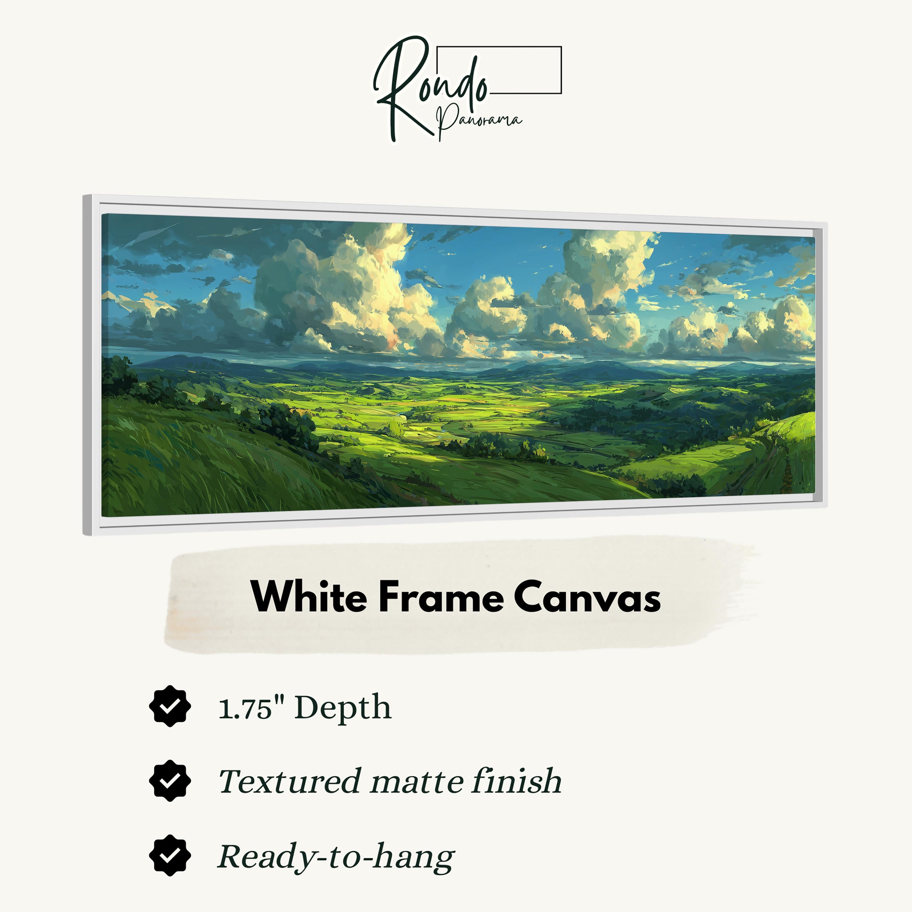The image is a white frame canvas depicting a landscape with rolling hills, a blue sky with clouds, and a textured matte finish.