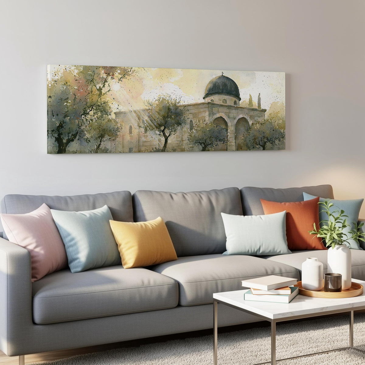 Sunlit dome in an olive grove panoramic canvas print above a grey sofa in a living room