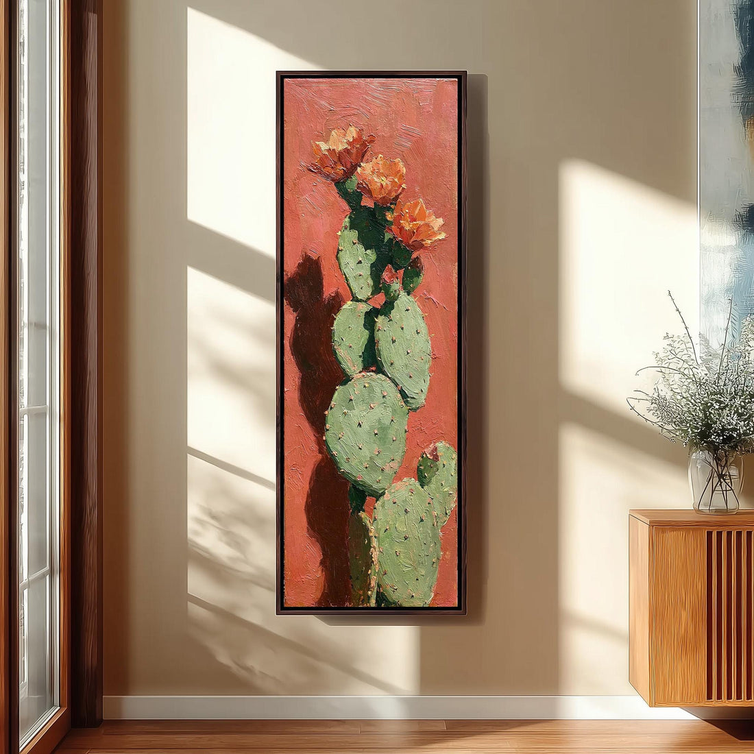 Blooming prickly pear cactus long vertical canvas print in a sunlit living space