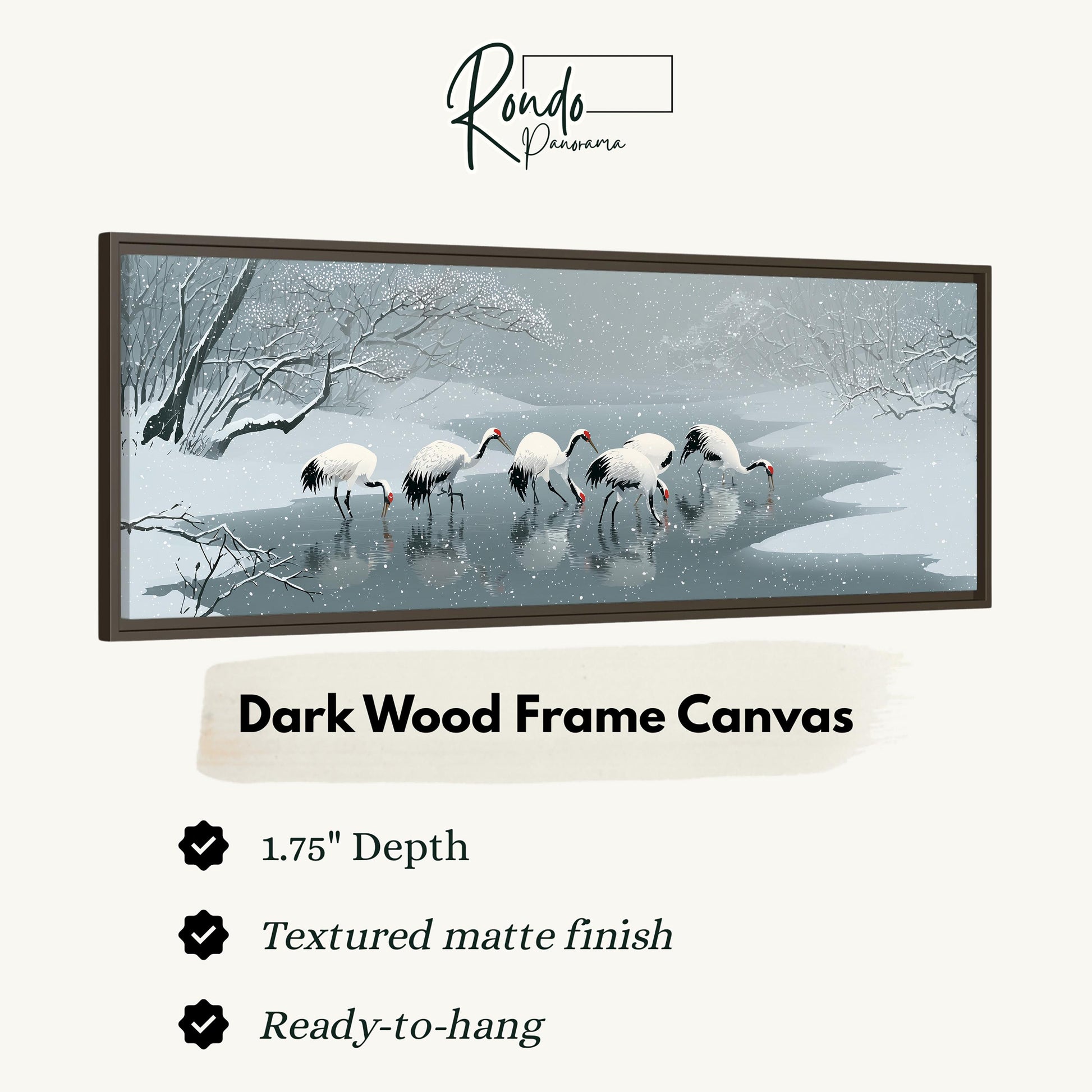 A framed artwork depicting a group of white birds wading in a snowy, wintry landscape.