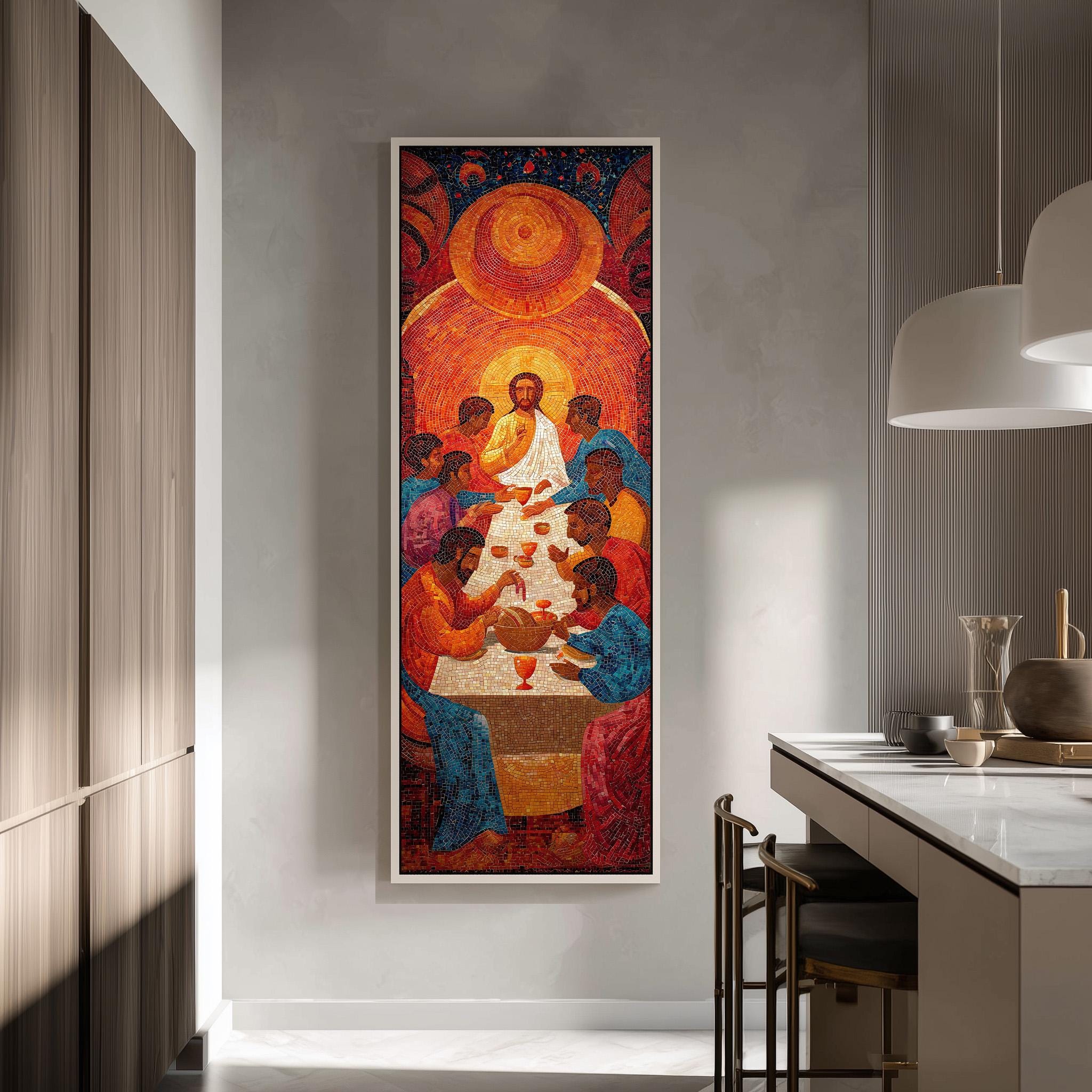 a large, colorful painting of Jesus Christ and his twelve apostles hanging on a wall in a modern kitchen.