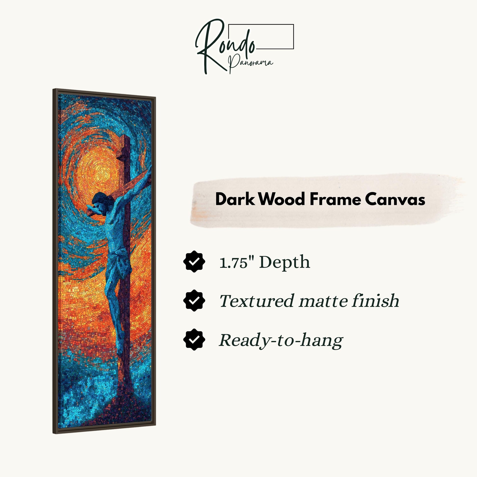 The image is a dark wood frame canvas depicting a figure in a crucible, with a text box providing details about the artwork.
