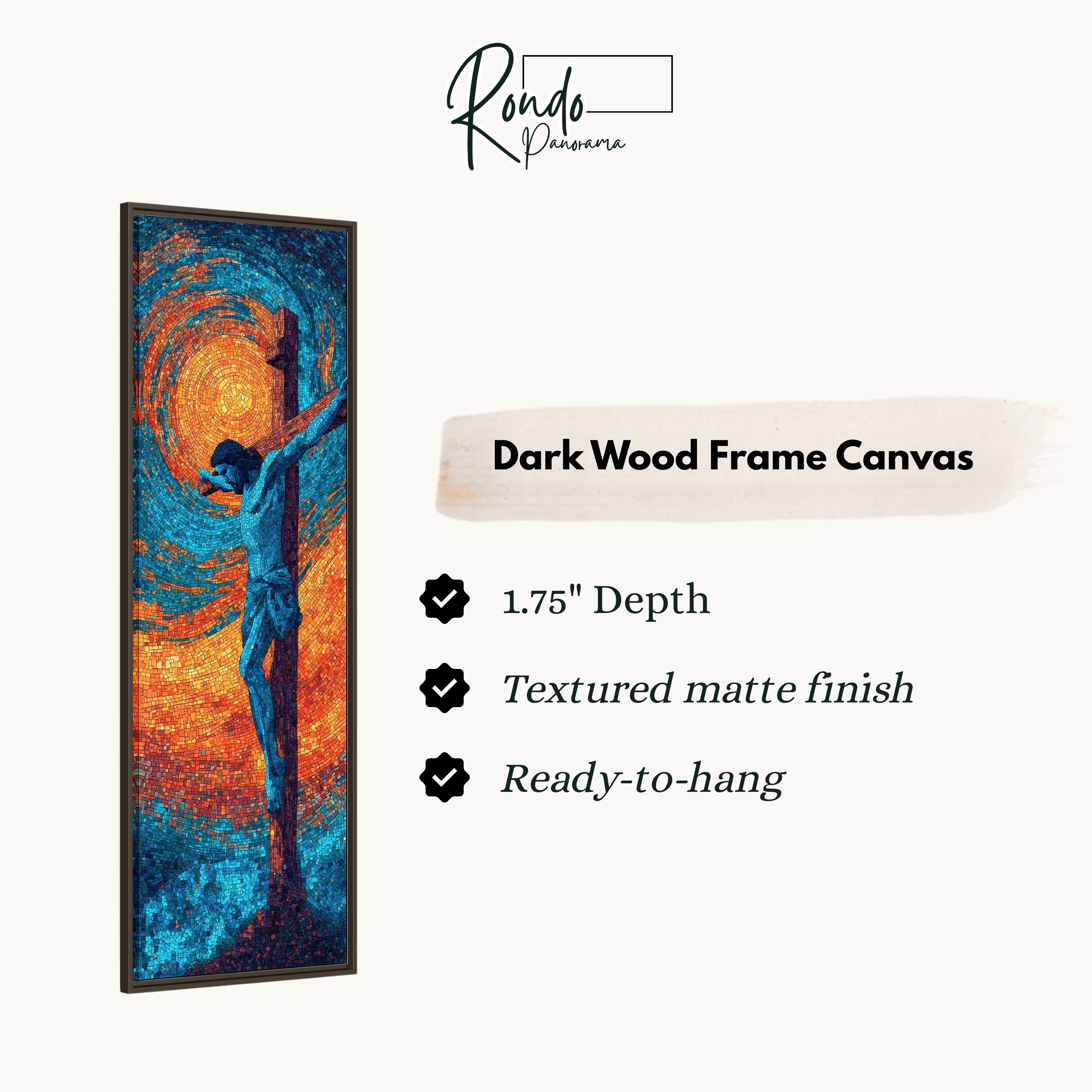 The image is a dark wood frame canvas depicting a figure in a crucible, with a text box providing details about the artwork.