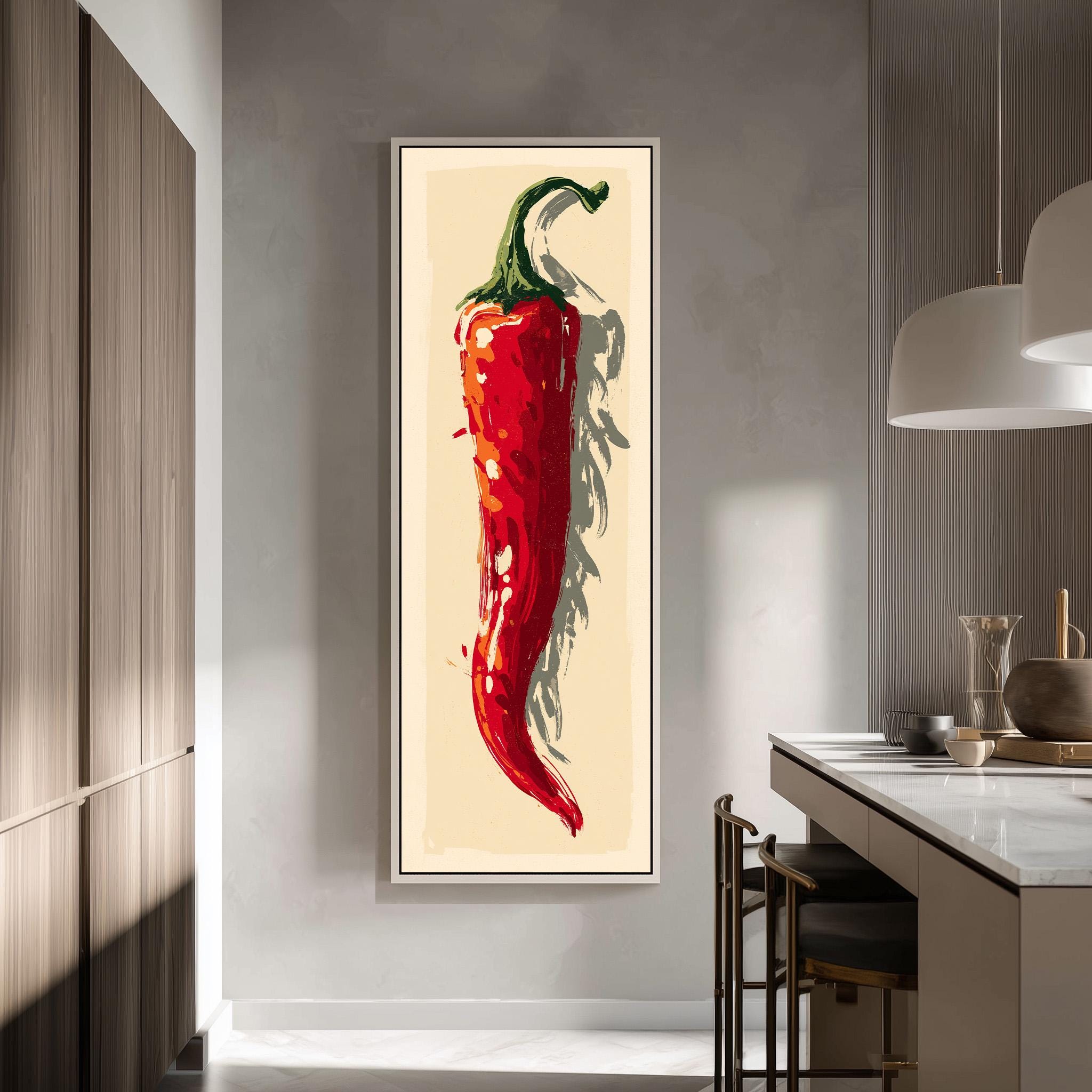 a large framed painting of a red chili pepper hanging on a wall in a modern kitchen.