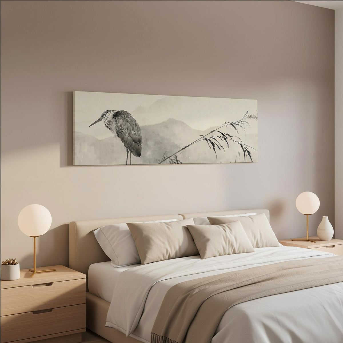 Heron in front of misty ink mountains wide panoramic canvas print above a bed in a neutral bedroom