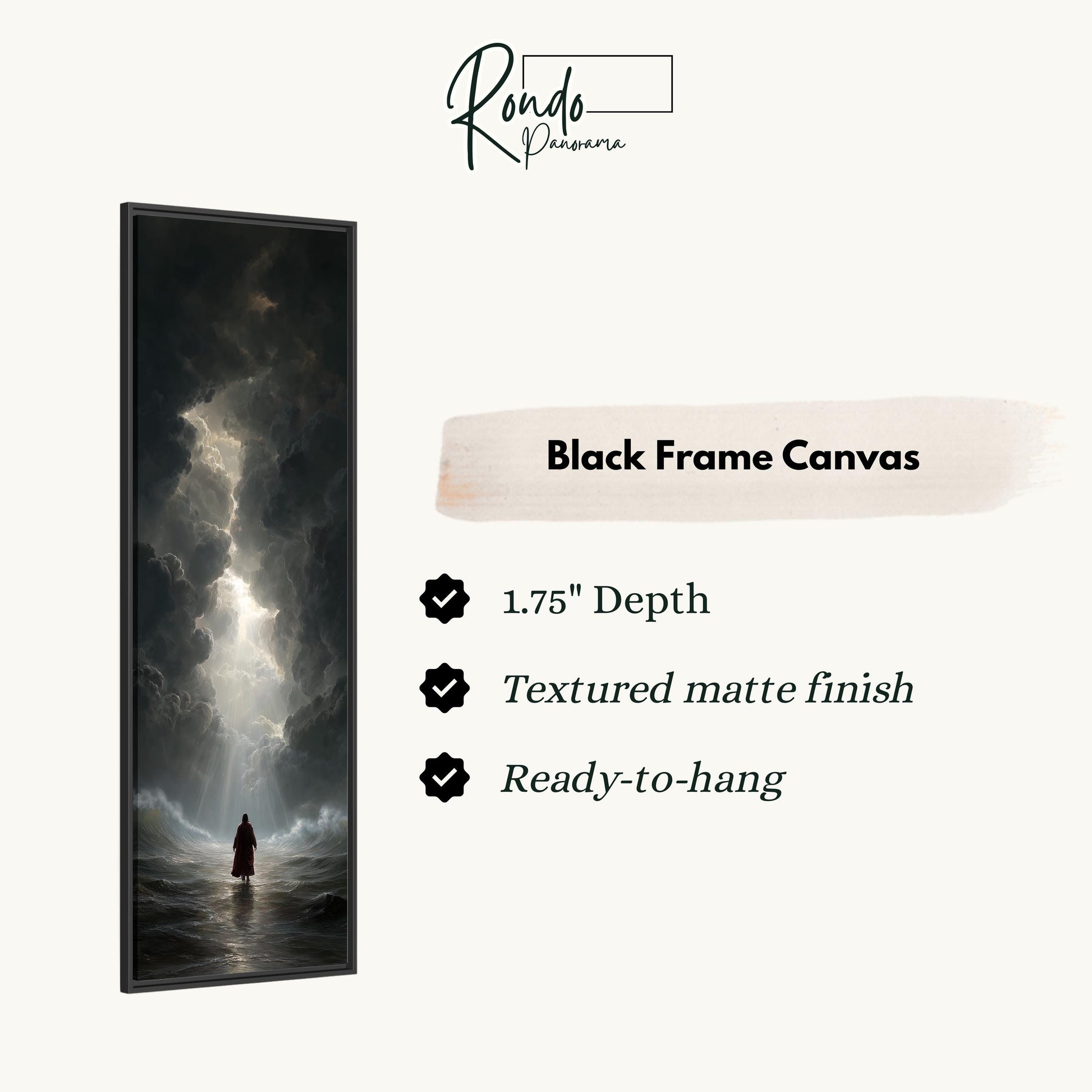 The image is a black frame canvas depicting a person standing in front of a stormy sea.