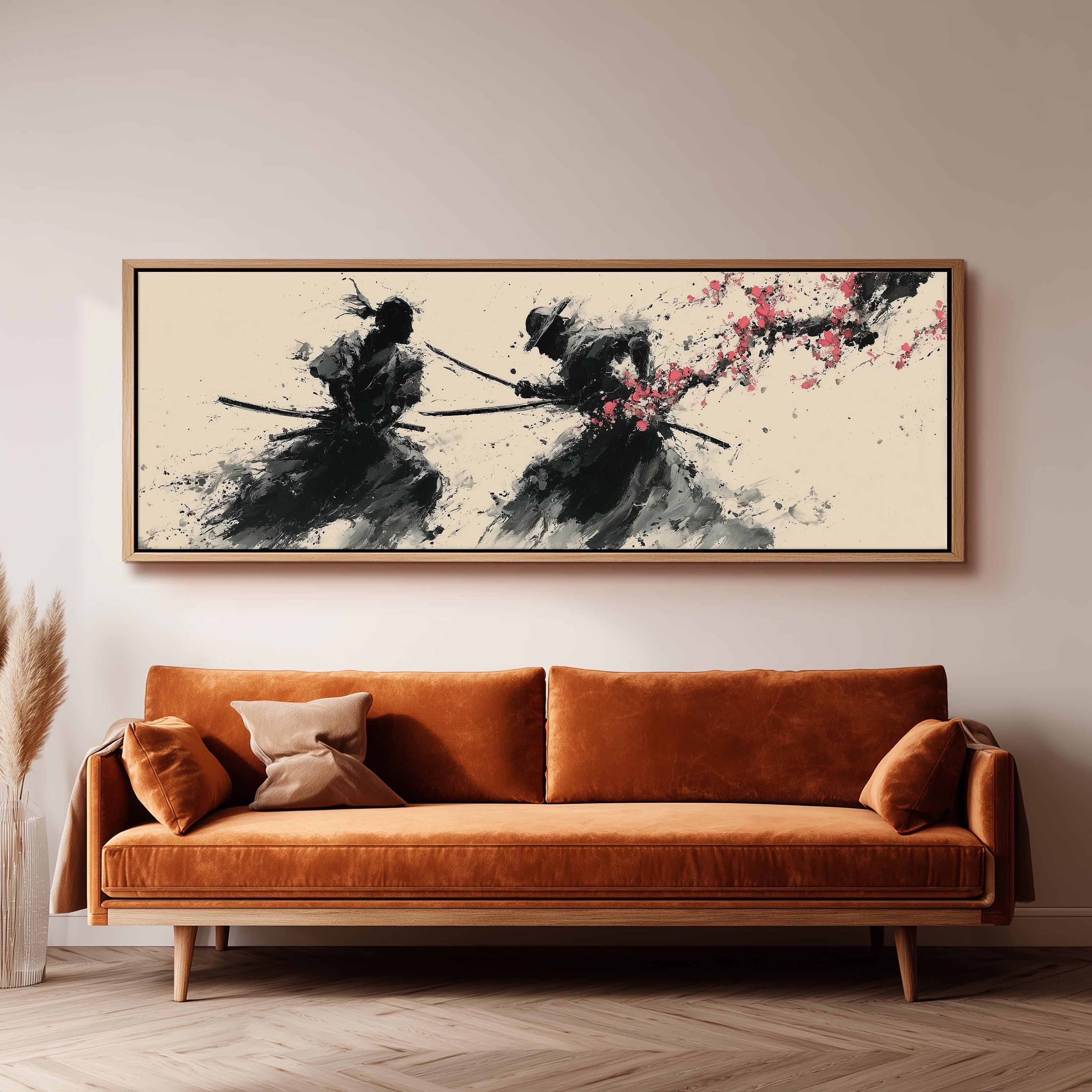 a large, framed artwork depicting two figures wielding swords, with a floral design in the background. The artwork is hung on a wall above a brown sofa, creating a striking visual focal point in the room.
