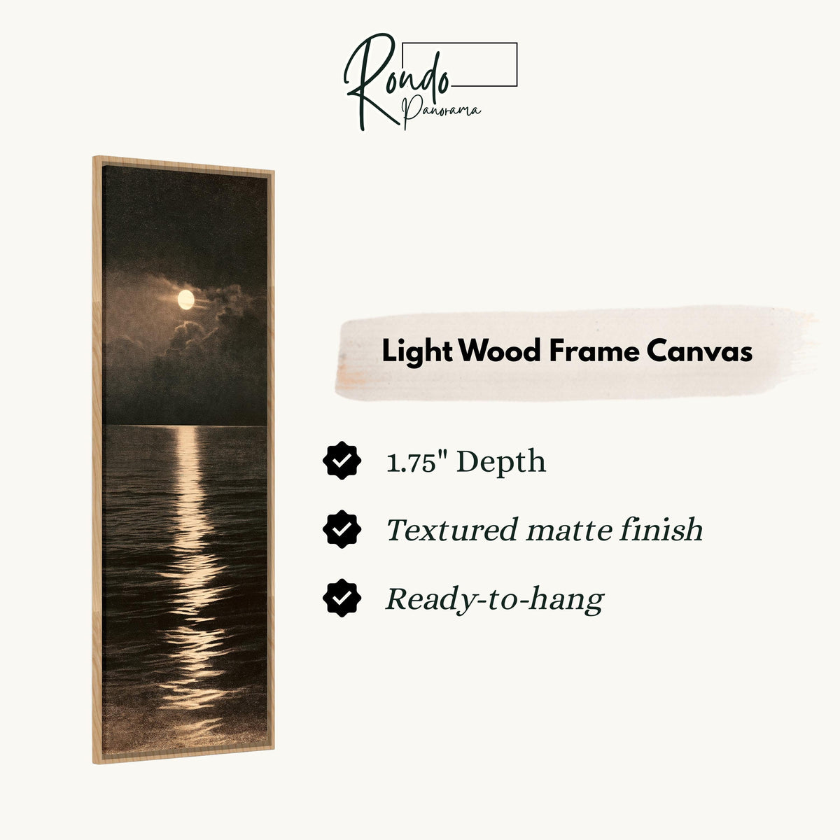 Moonlight reflecting on a dark sepia ocean canvas print in a light wood floating frame