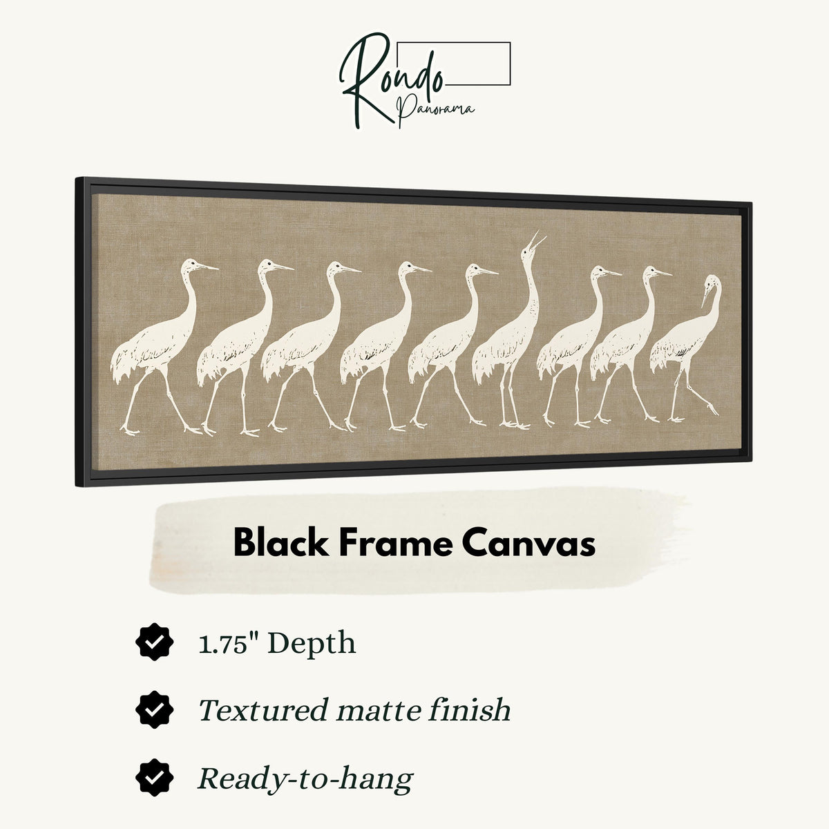 Procession of white cranes on linen canvas print in a black floating frame