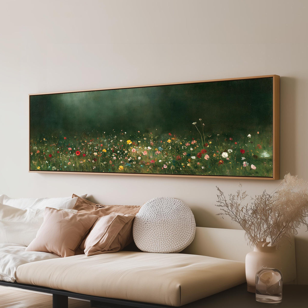 Wildflower meadow at the edge of a dark forest long horizontal canvas print above a sofa in a living room