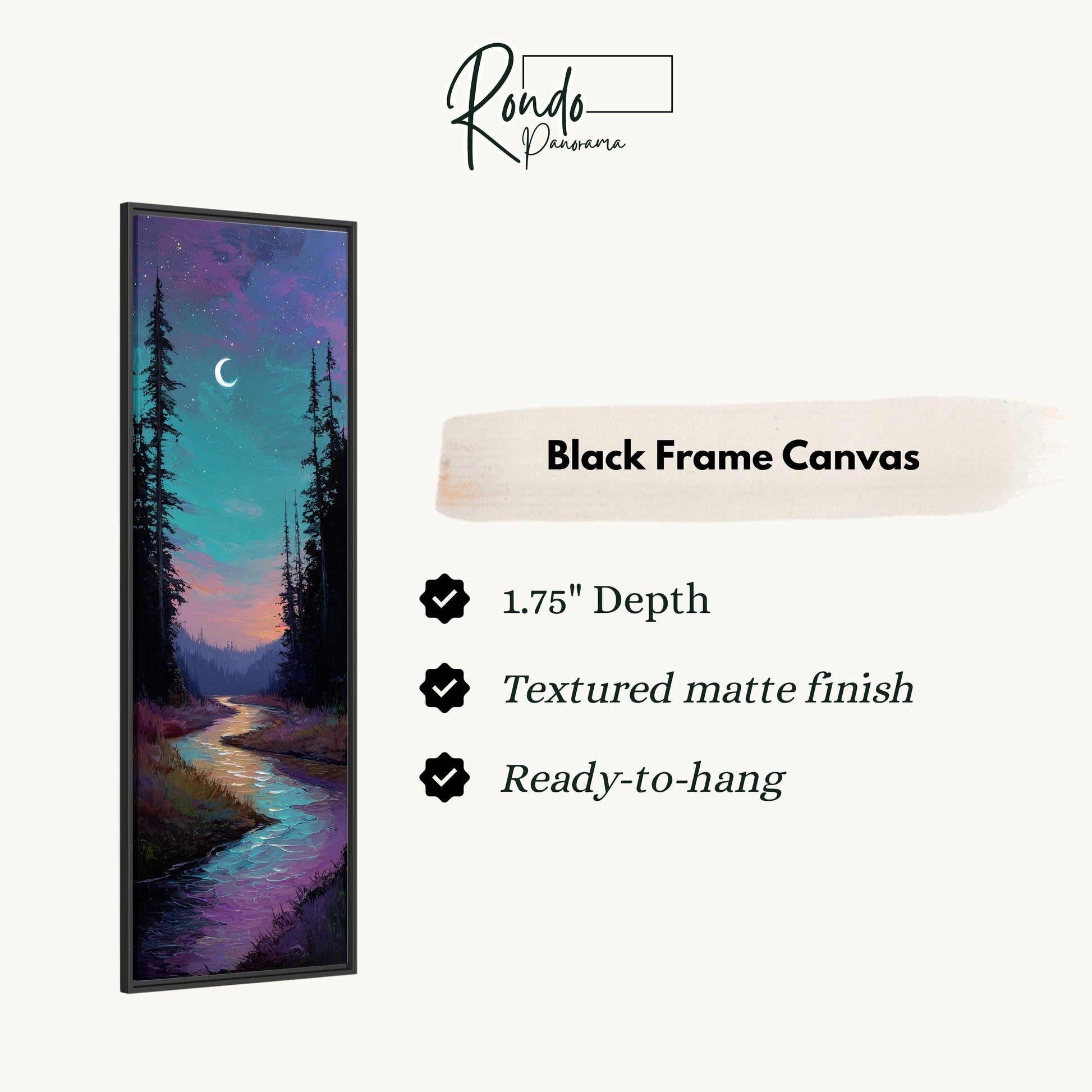 The image is a black frame canvas depicting a serene landscape with a river, trees, and a crescent moon in the night sky.