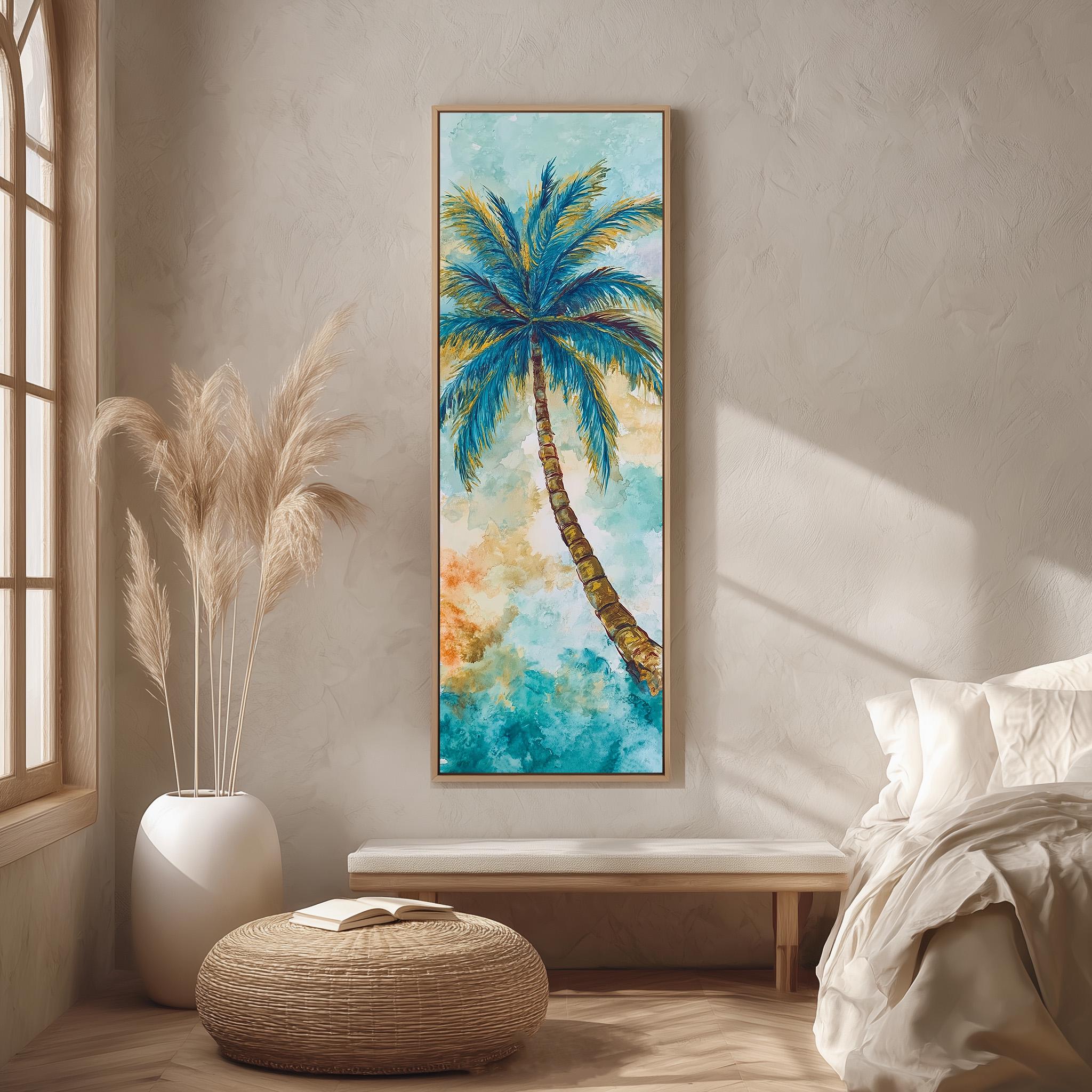 a large painting of a palm tree hanging on a wall in a room with a bed, a wicker ottoman, and a potted plant.