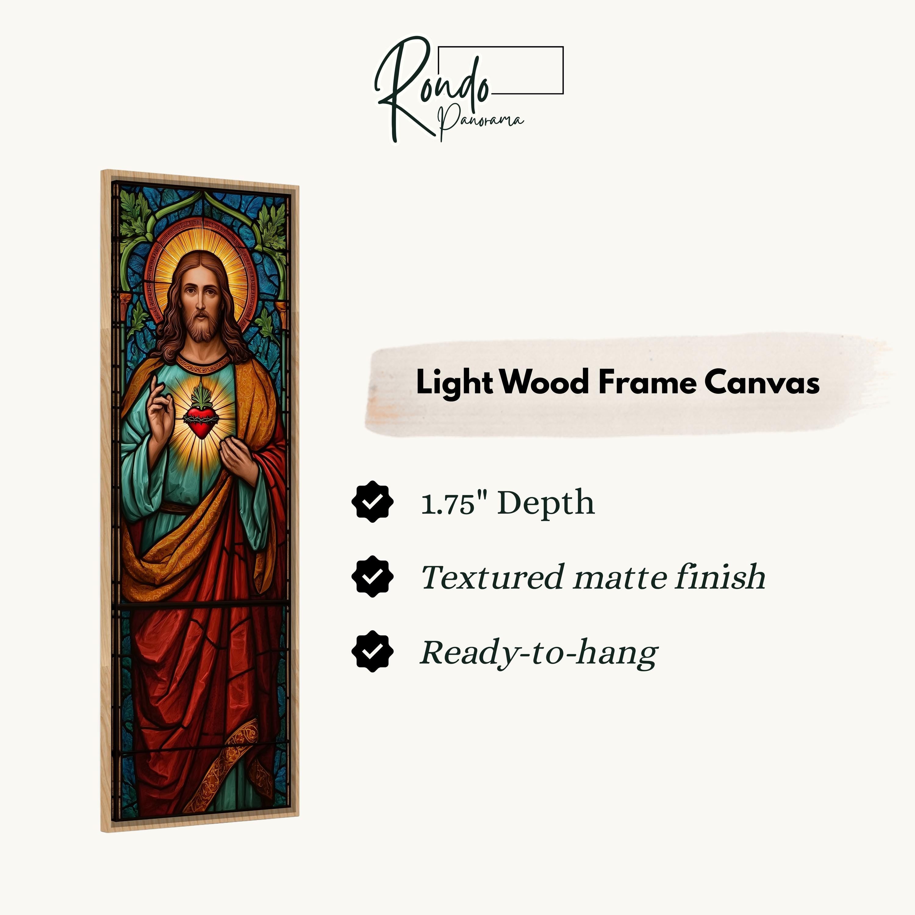 The image is a framed artwork depicting a stained glass window with a depiction of Jesus Christ.