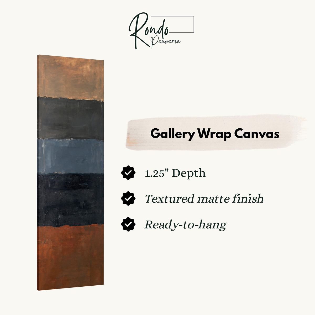 Moody color field bands in rust and navy gallery wrap canvas with the image wrapped around the edges