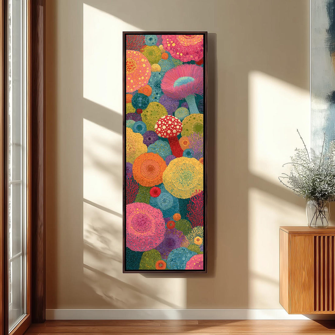 Pink mushrooms in a coral-like garden long vertical canvas print in a sunlit living space