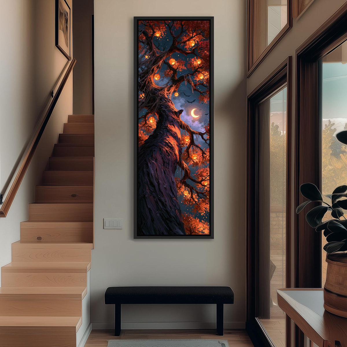 Twisted tree hung with glowing jack-o'-lanterns tall narrow canvas print beside a staircase in an entryway
