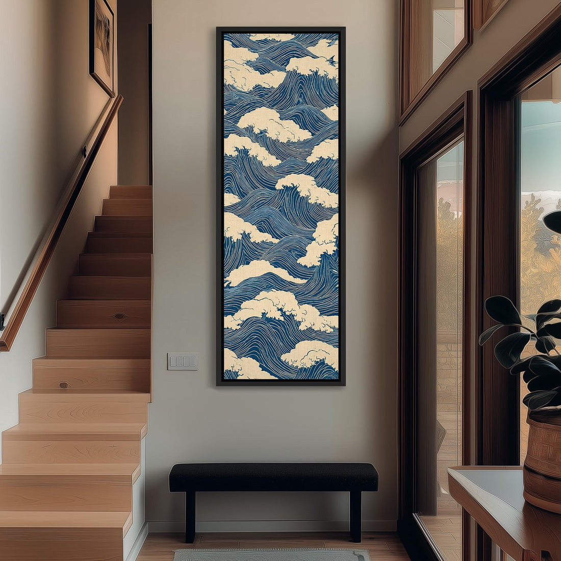 Blue Japanese wave pattern long vertical canvas print in a sunlit living space