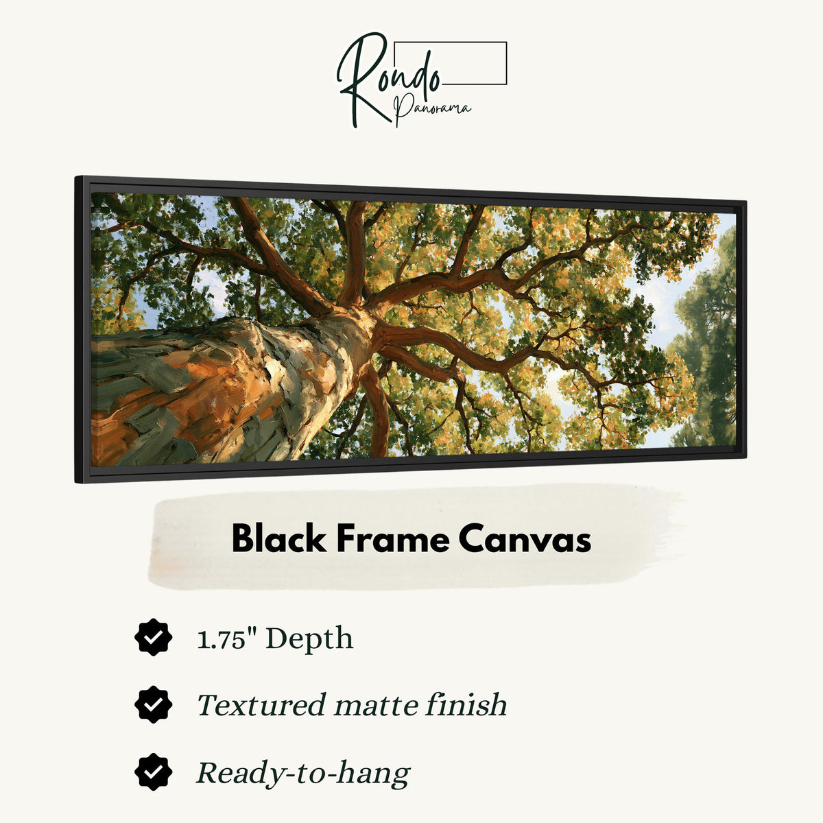 Autumn oak canopy seen from below canvas print in a black floating frame