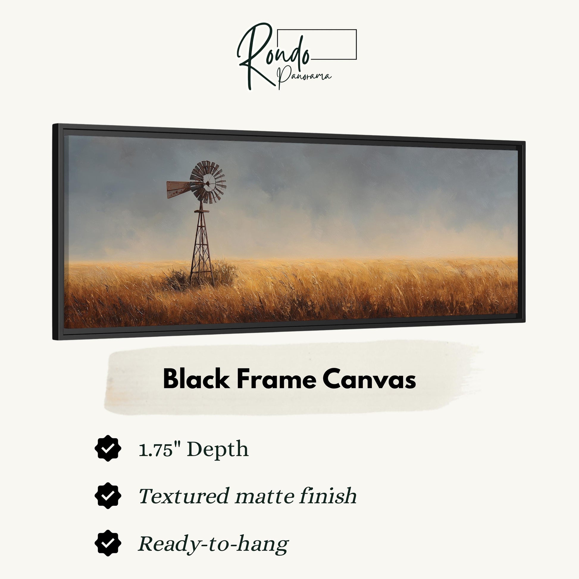 The image is a black frame canvas depicting a windmill in a field of tall grass.