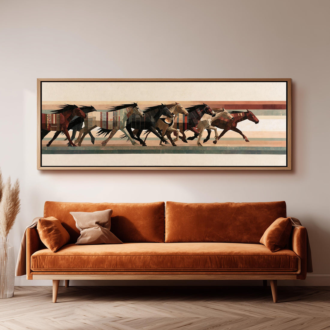 Running horses over a quilted stripe pattern long horizontal canvas print above a sofa in a living room