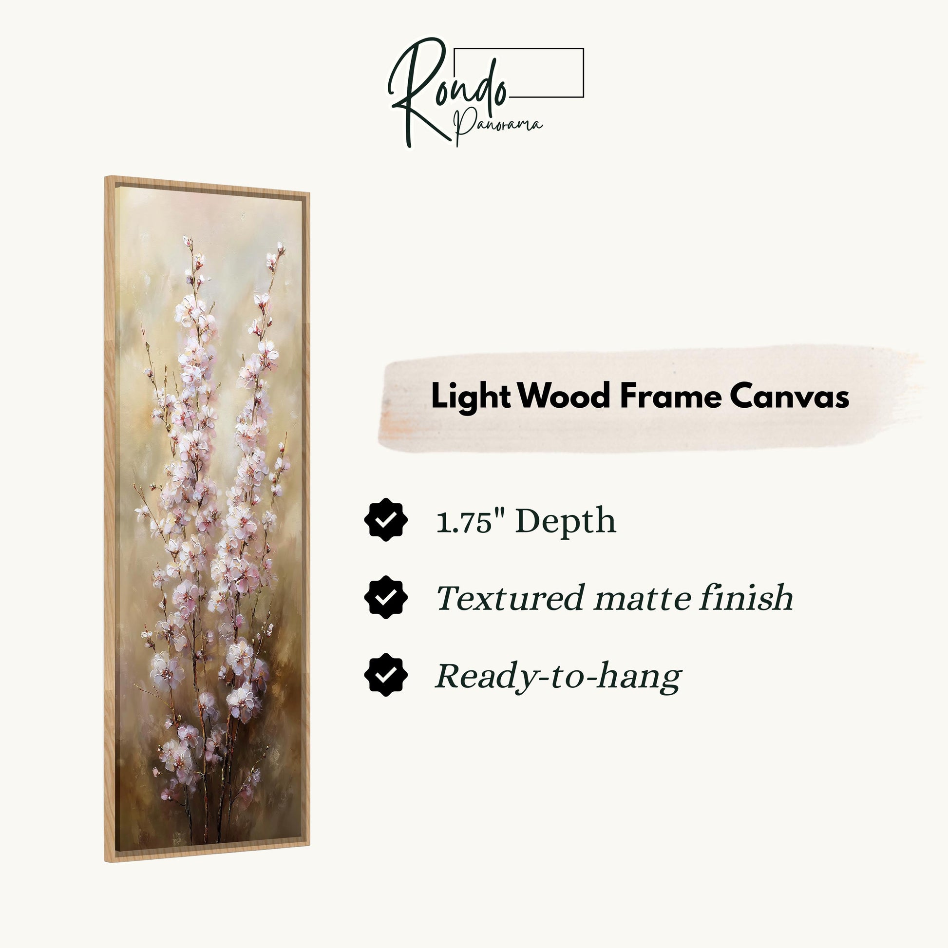 The image is a framed artwork depicting a close-up of delicate pink flowers.