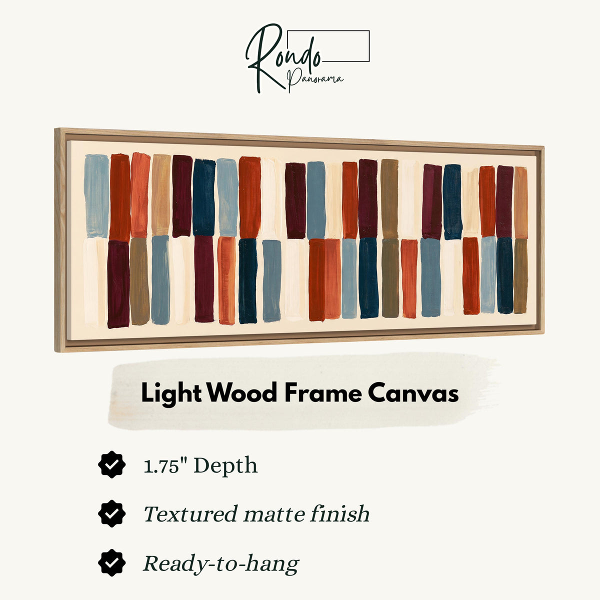 Two tiers of staggered stripe blocks canvas print in a light wood floating frame