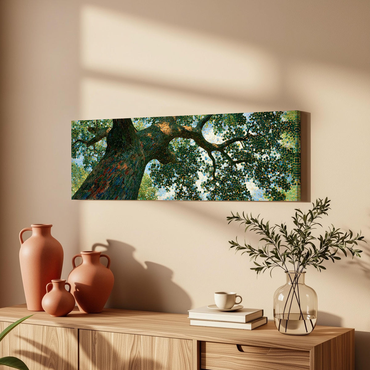 Looking up into an oak canopy long horizontal canvas print above a wooden sideboard