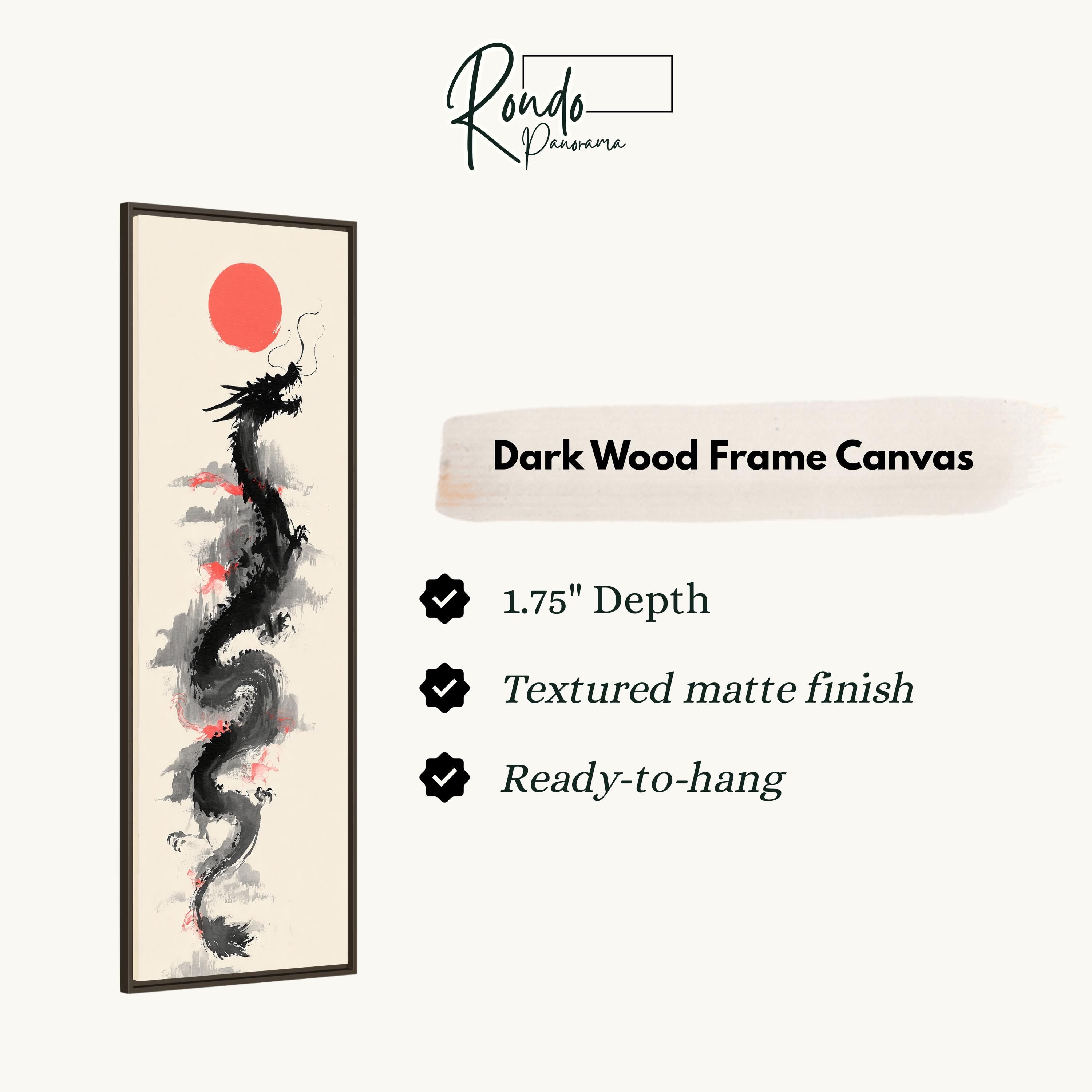 a dragon painted on a dark wood frame canvas.