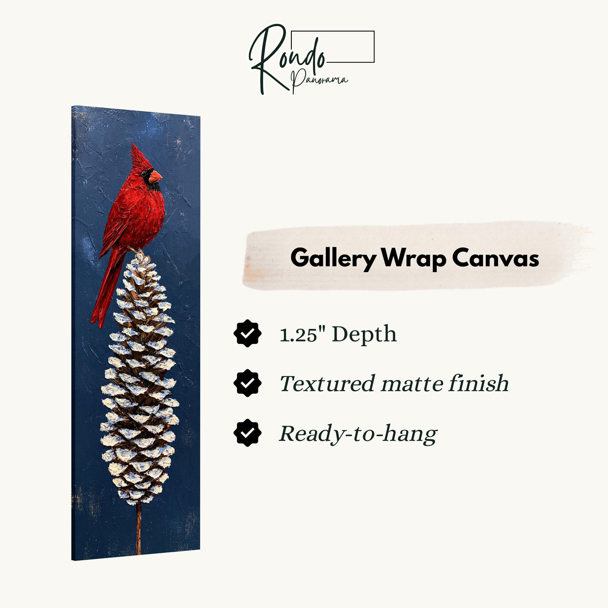 Red cardinal perched on a snowy pinecone gallery wrap canvas with the image wrapped around the edges