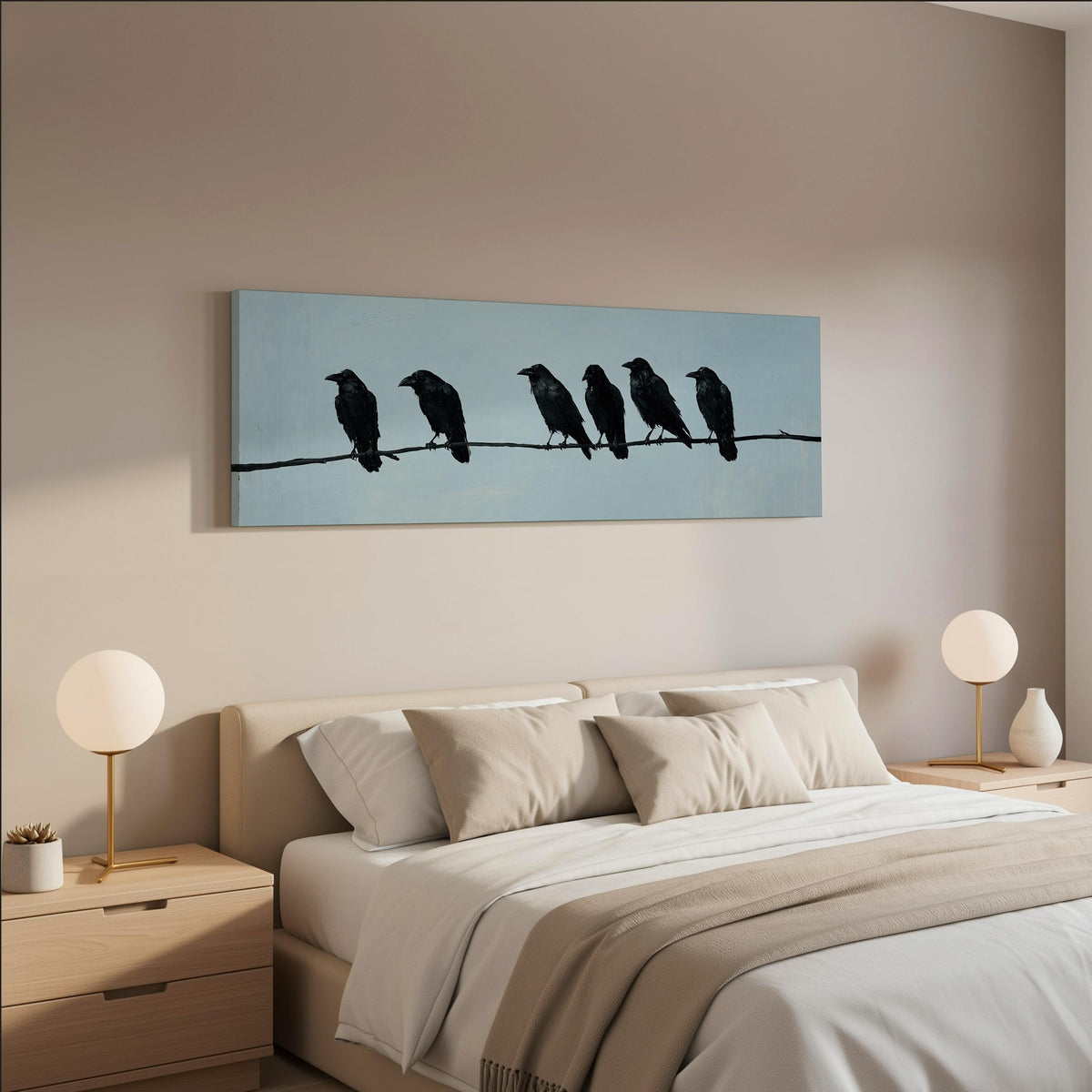 Ravens spaced along a wire wide panoramic canvas print above a bed in a neutral bedroom
