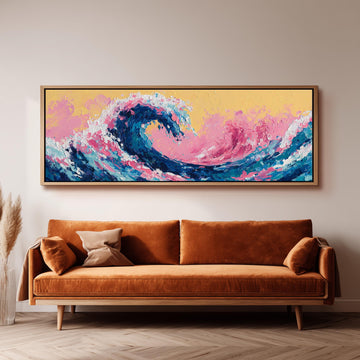 a large, vibrant painting of a wave hanging on a wall above a brown sofa.