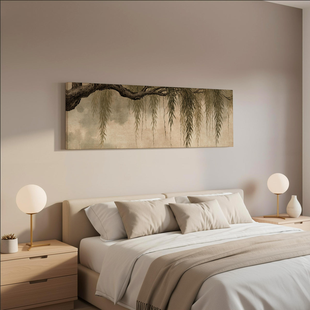 Hanging willow branches wide panoramic canvas print above a bed in a neutral bedroom