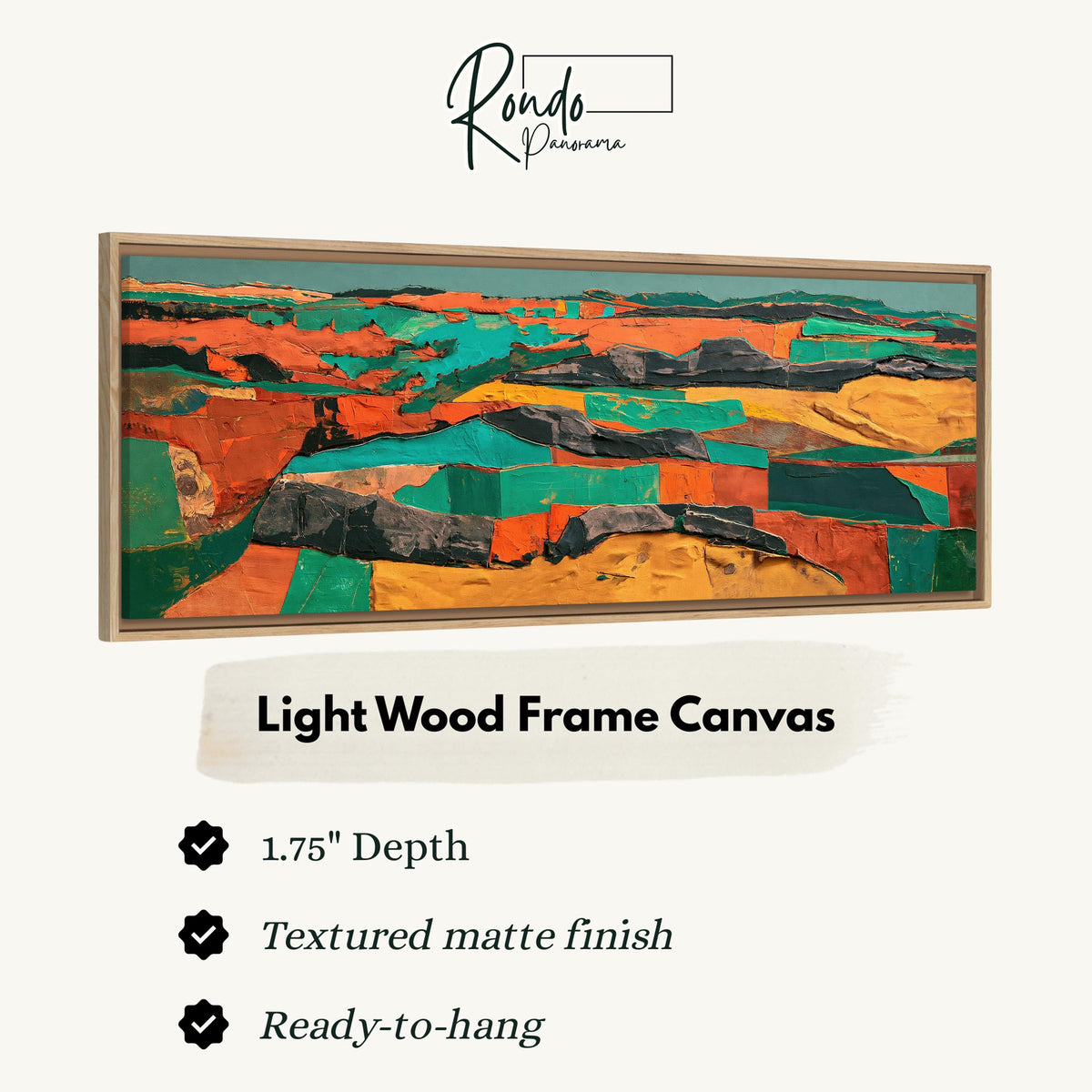 Abstract patchwork terrain in orange and teal canvas print in a light wood floating frame
