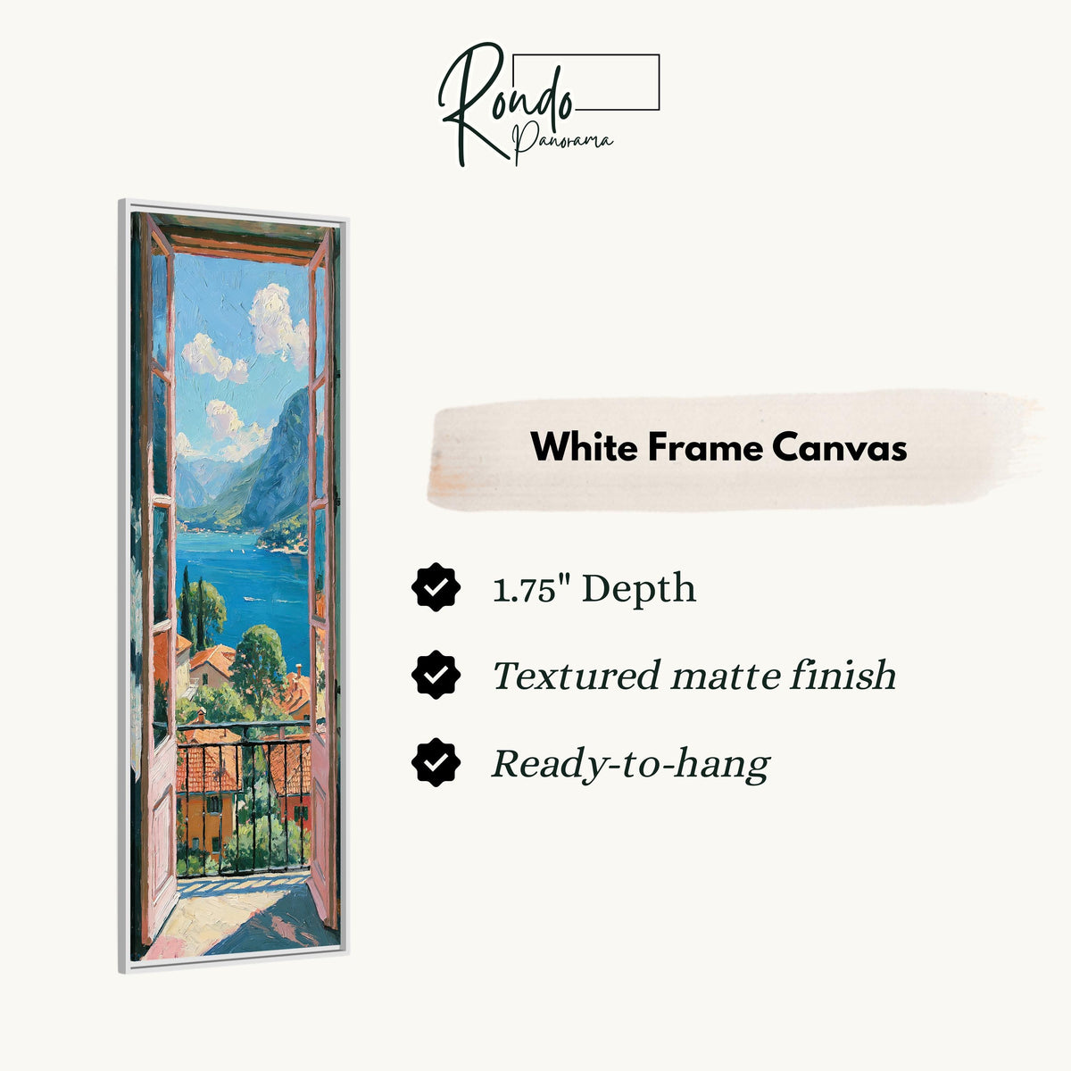 Italian lake view from an open balcony door canvas print in a white floating frame