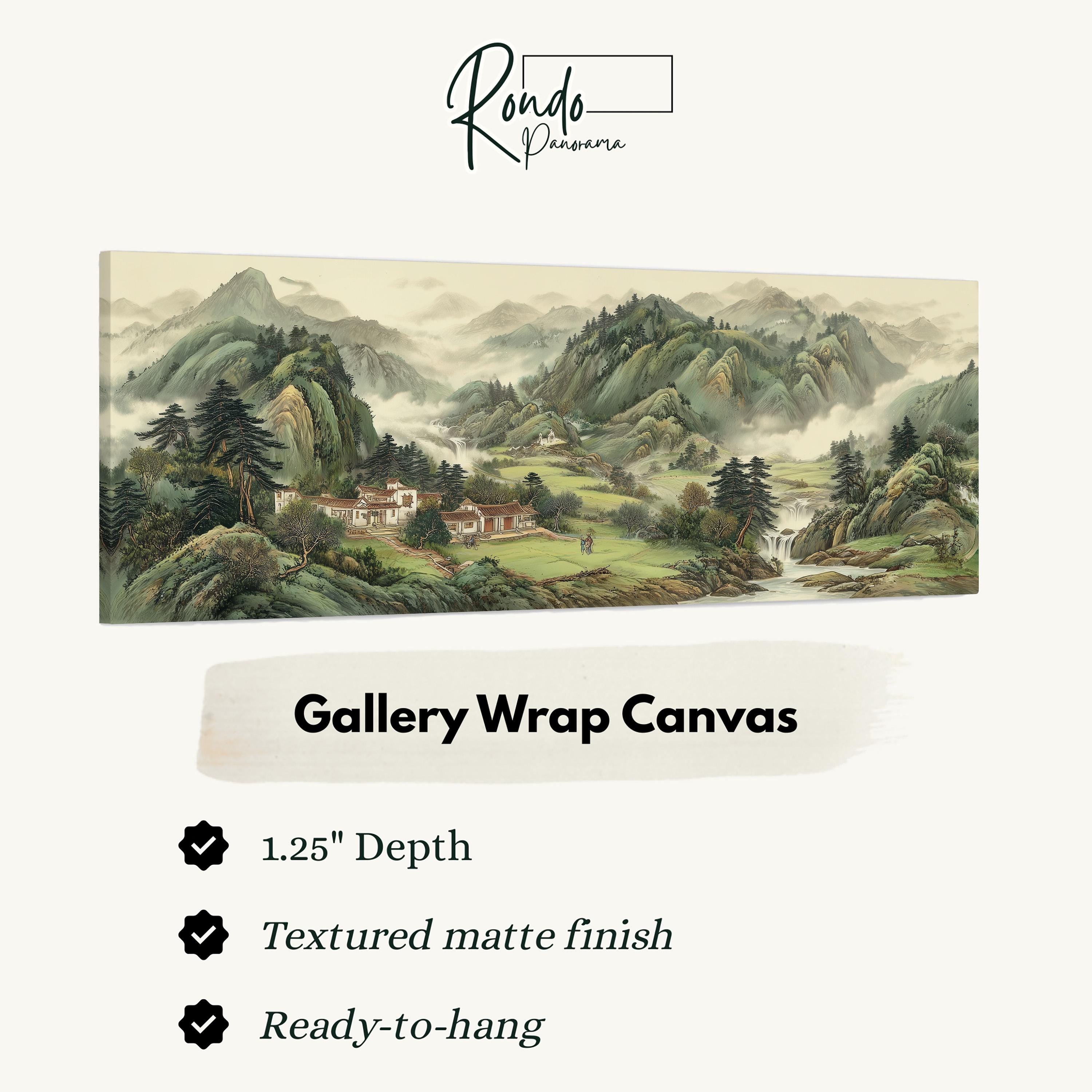 The image is a large landscape painting that depicts a mountainous, forested area with a village in the distance. The painting is 1.25" deep and features a textured matte finish. It is ready to hang and is a Gallery Wrap Canvas.