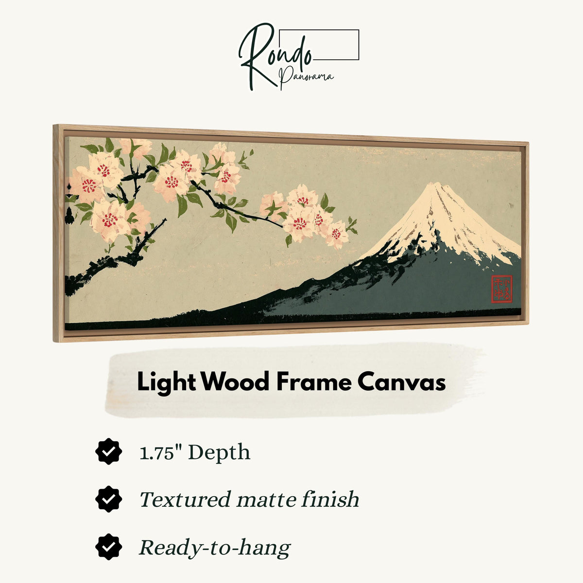 Cherry blossom branch and Mount Fuji canvas print in a light wood floating frame