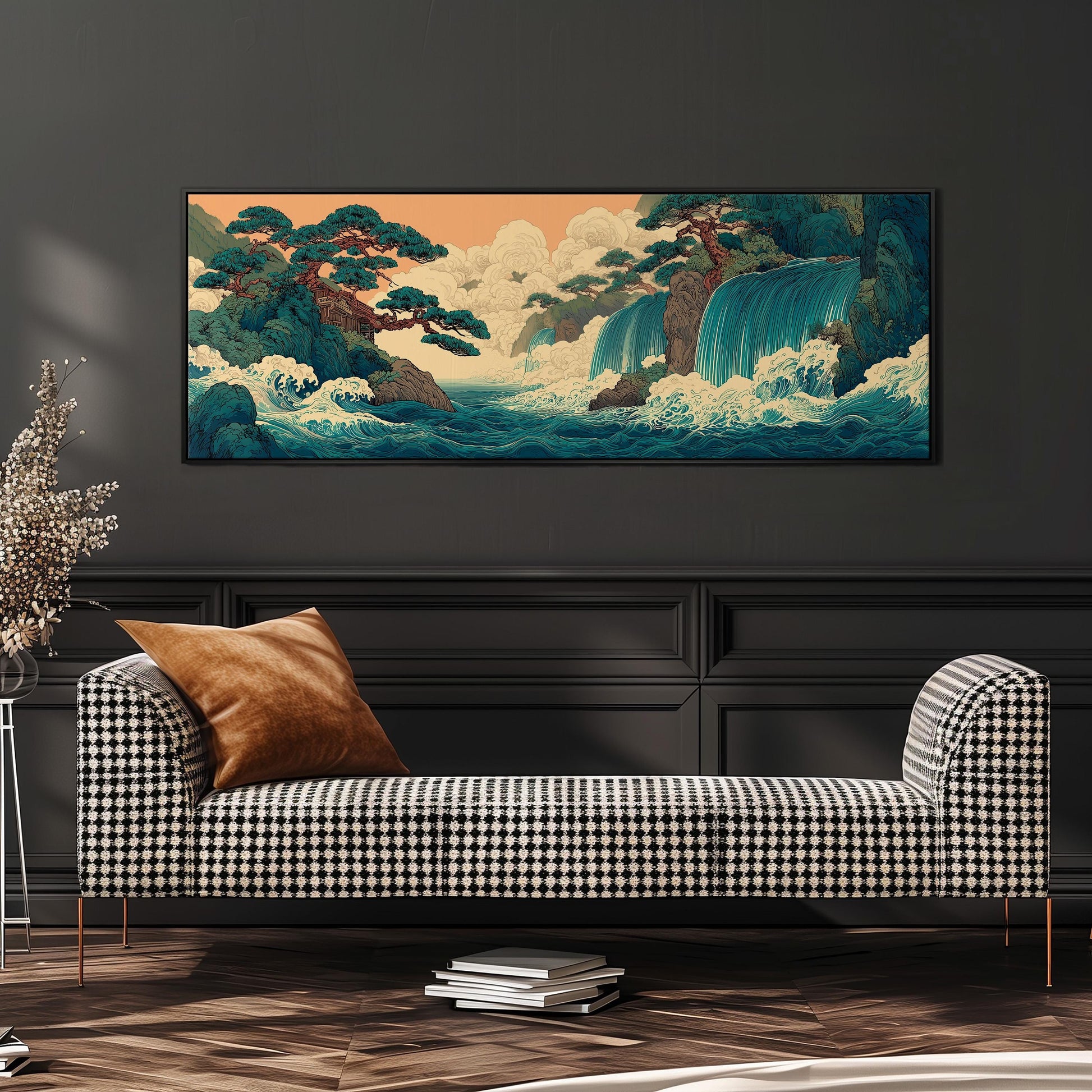 a large, colorful painting of a waterfall and forest scene hanging on a wall above a black and white checkered sofa.