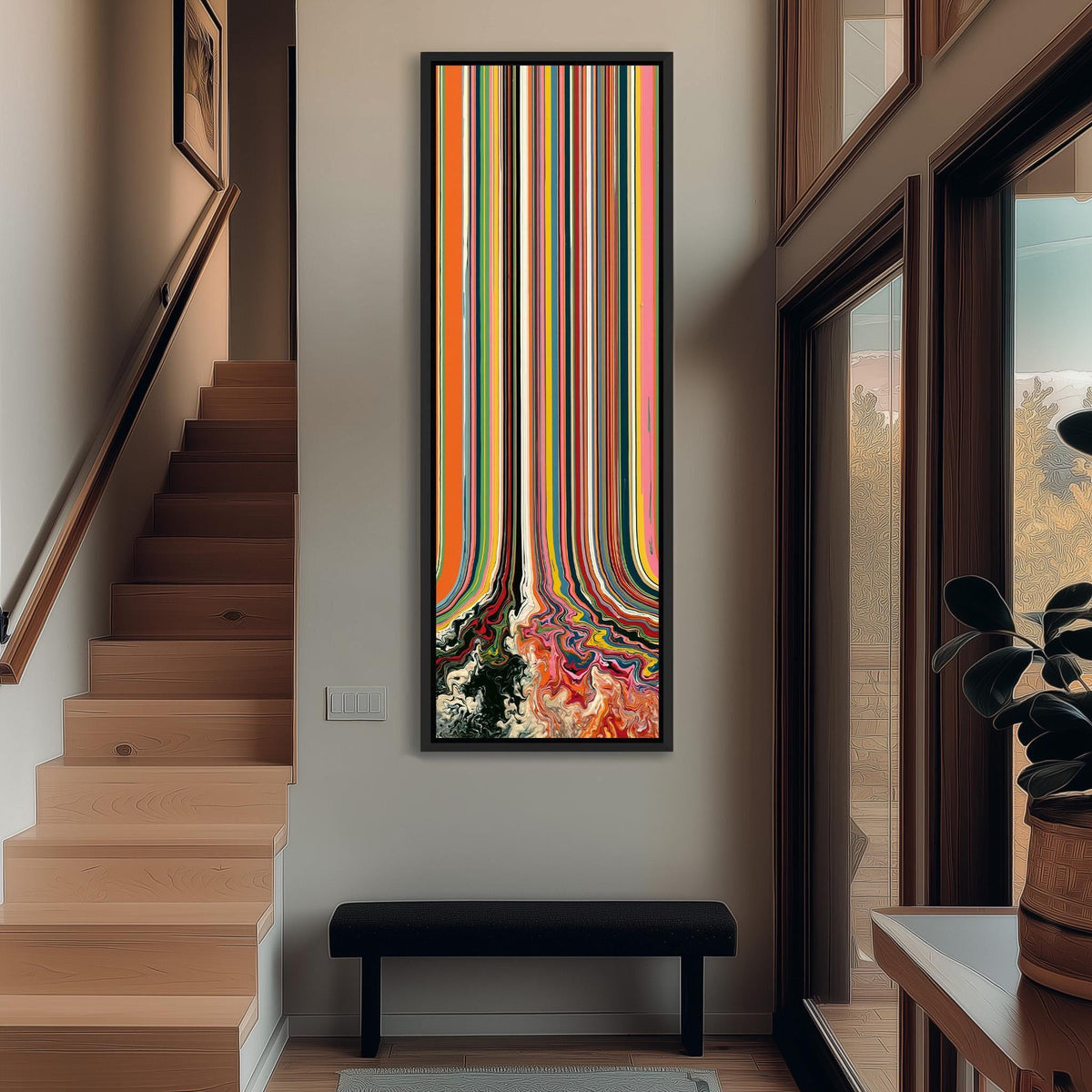 Rainbow stripes melting into swirls tall narrow canvas print beside a staircase in an entryway