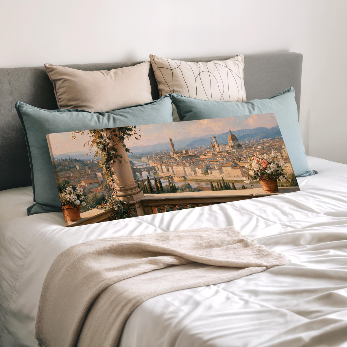 Florence skyline from a flowered balcony wide panoramic canvas print laid on a bed to show its size