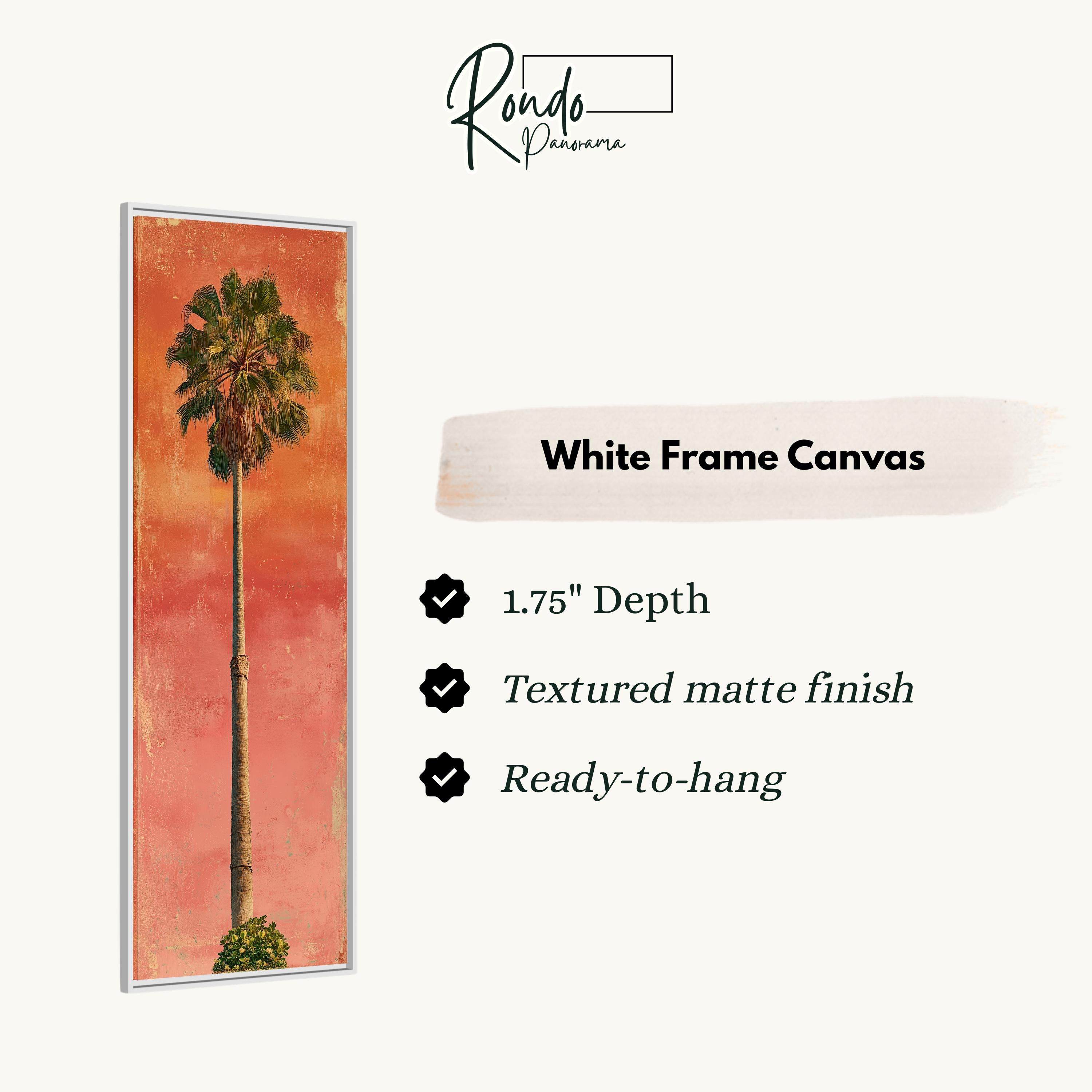 The image is a white frame canvas featuring a palm tree against a red background.